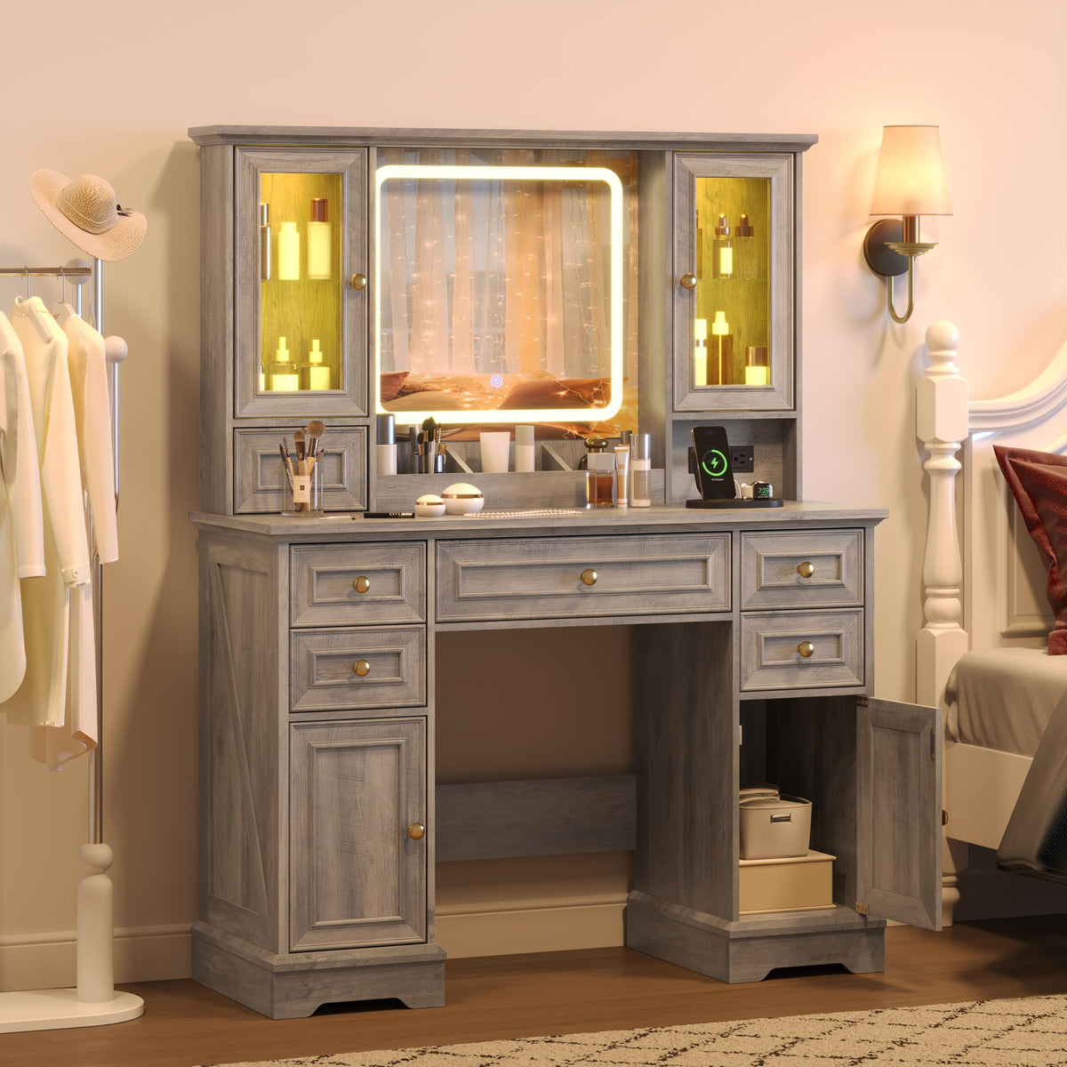 Farmhouse Makeup Vanity with Lighted Mirror