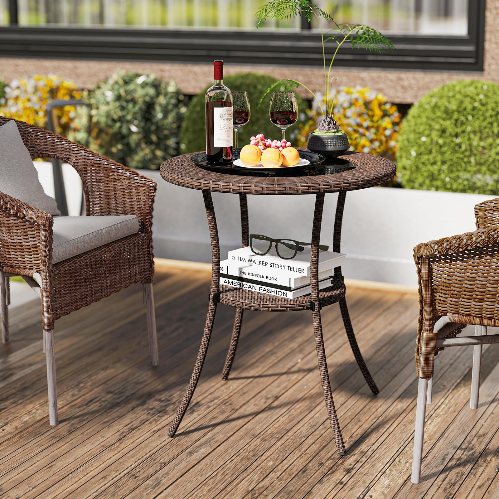 Round Wicker Patio Side Table with Tempered Glass Top & Storage Shelf