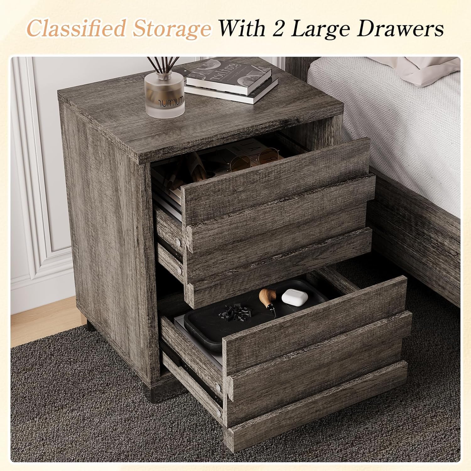 LUXOAK 3 Pcs Bedroom Furniture Sets,Includes Farmhouse King Size Bed Frame with 49" Tall Headboard and Nightstand Sets of 2 with Charging Station, Slated Handles & Stainless Steel Feet, Rustic Grey