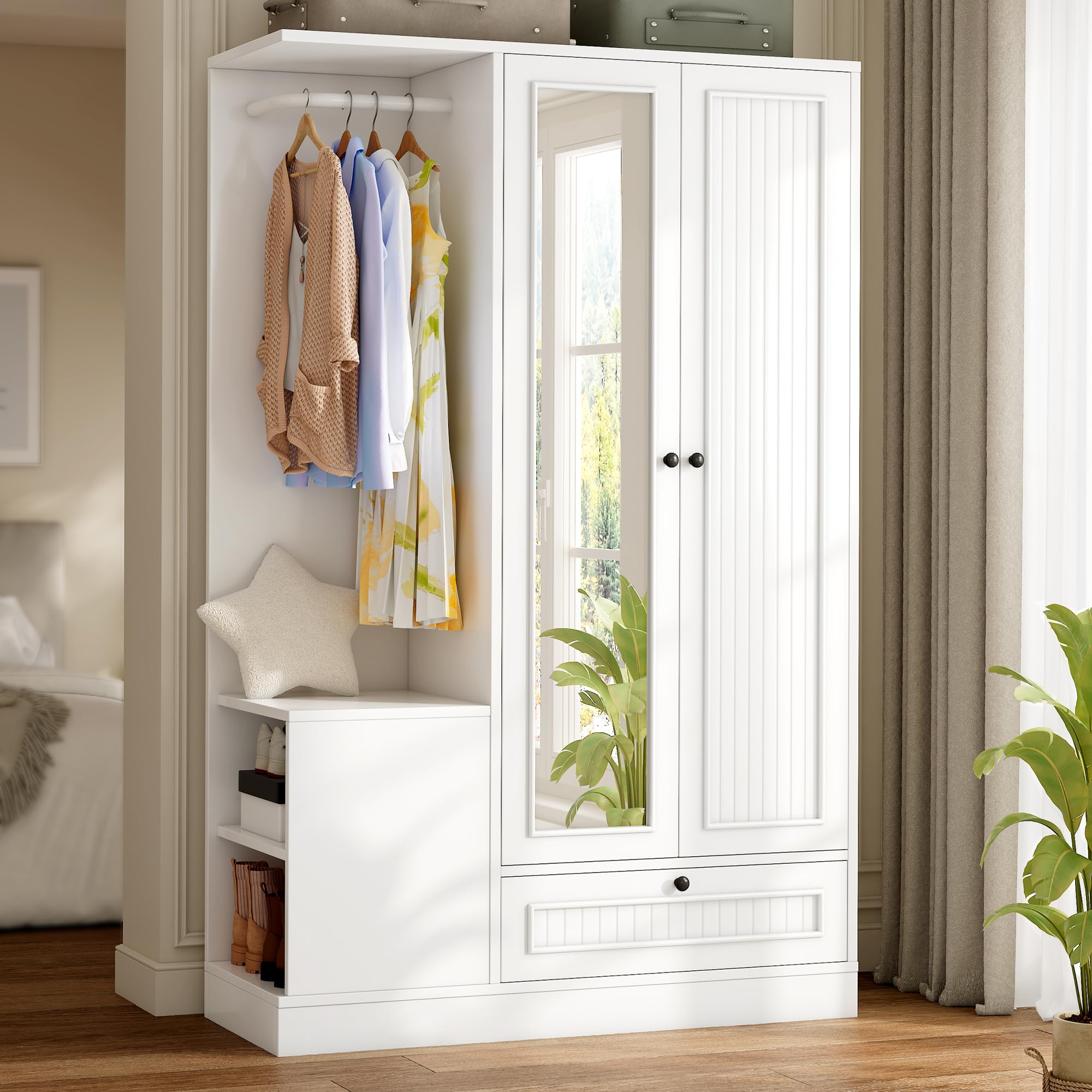 2-Door Wardrobe Closet with Mirror & Drawers