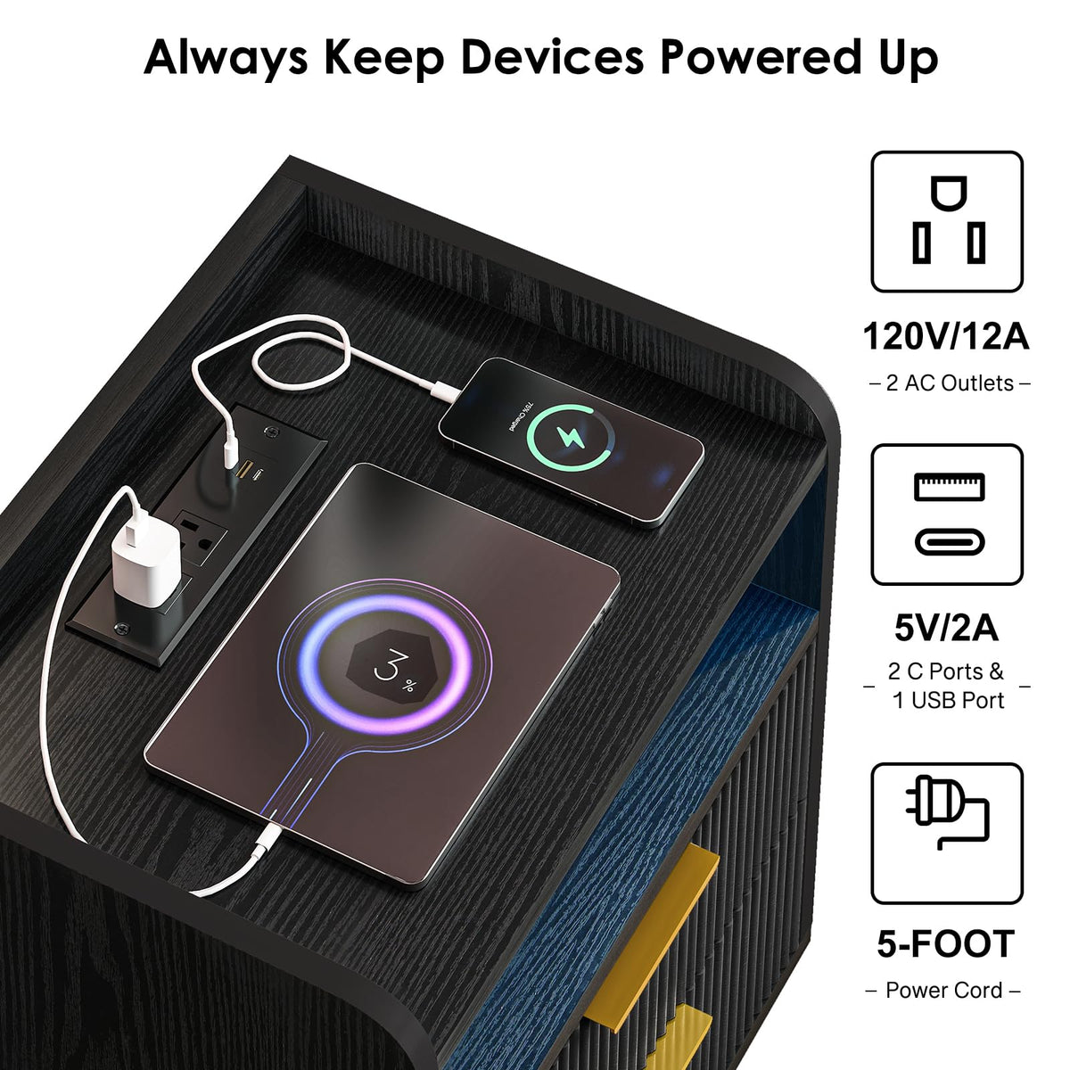 Fixwal Black Nightstand with Charging Station, 2 Fluted Wood Drawers