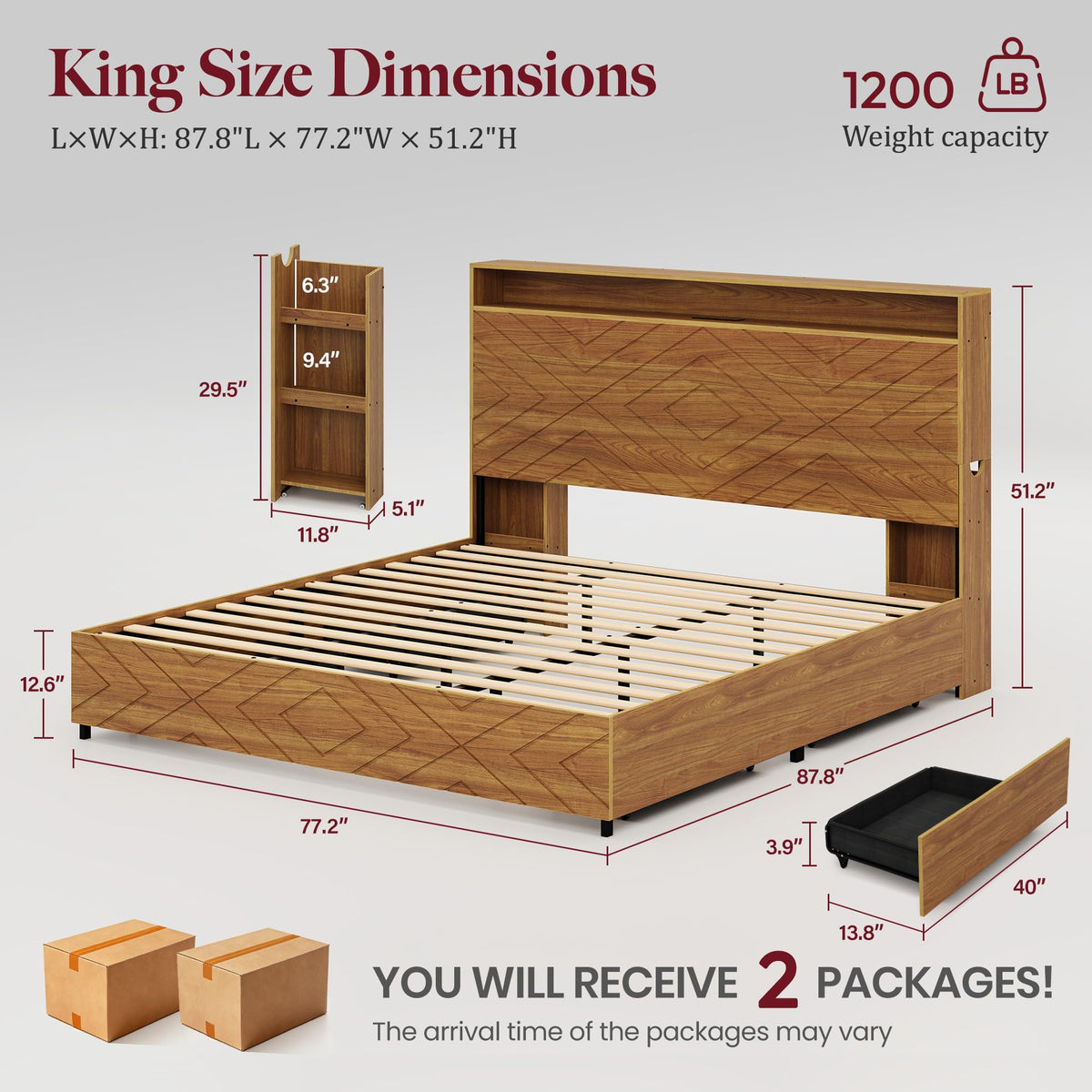 Uteeran King Size Bed Frame with Bedside Storage & 4 Drawers, Brown
