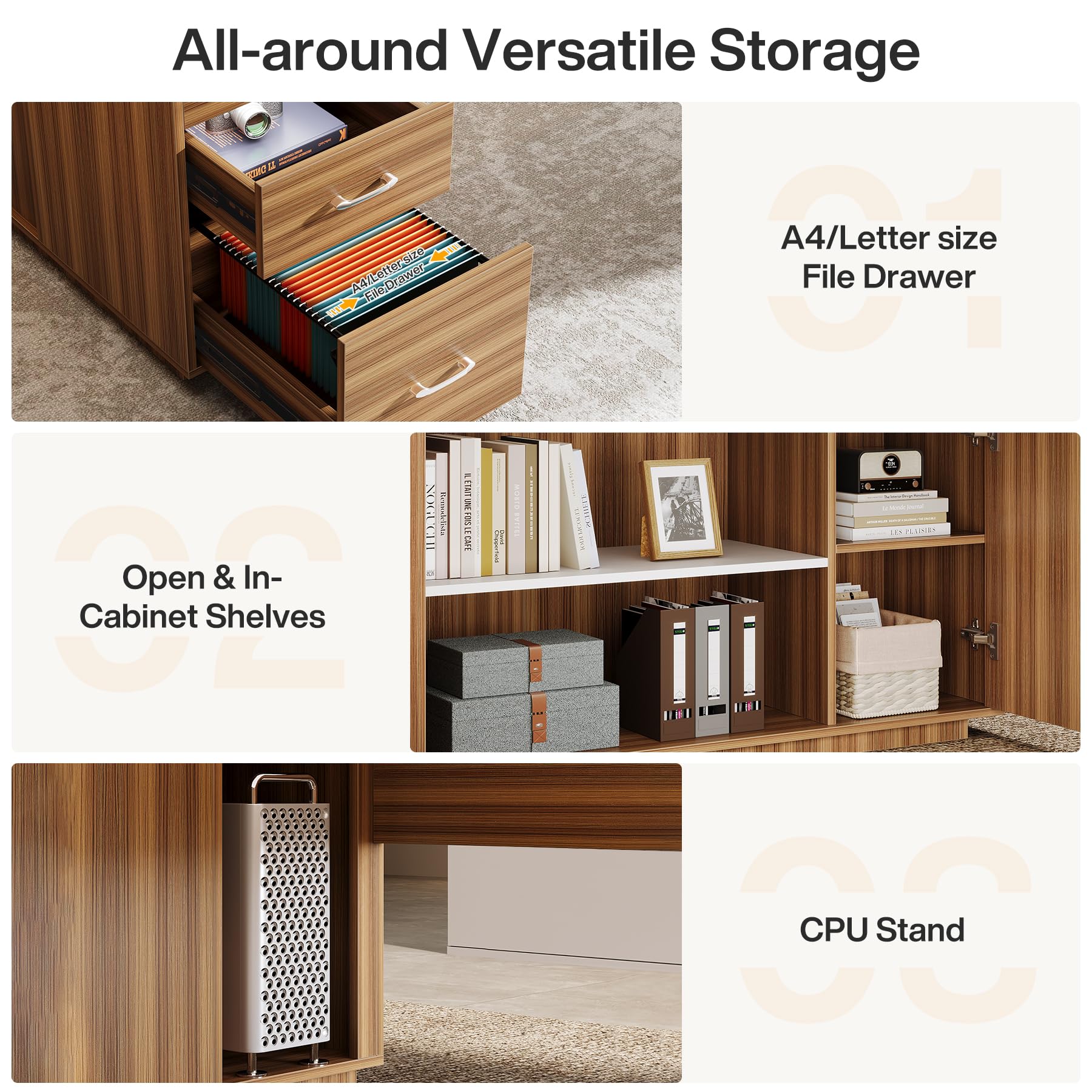 Tribesigns 85.8-Inch L-Shaped Executive Desk with File Drawers, Door Cabinet & Shelves, Extra Large Commercial Office Desk, Modern Professional Office Table, White & Brown Business Furniture