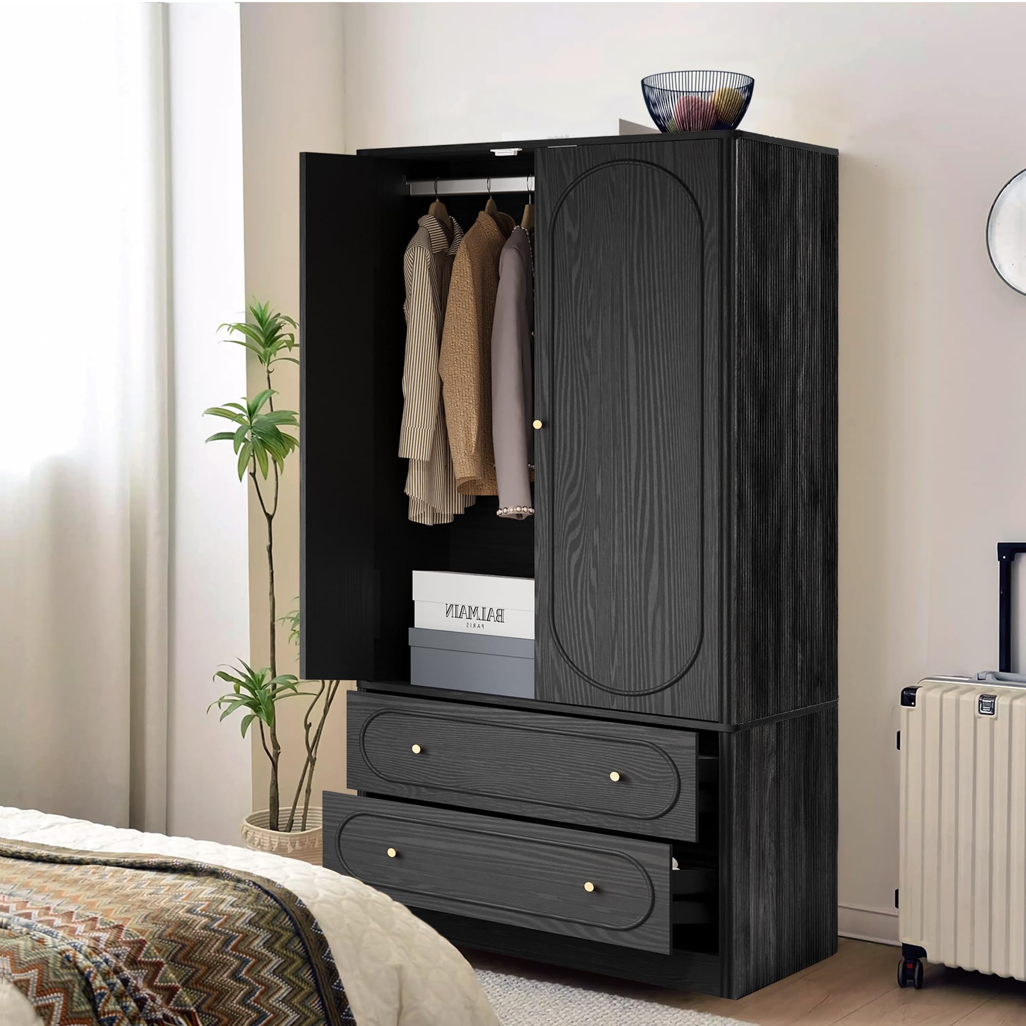 Fluted Freestanding Armoire Wardrobe Closet with 2 Doors and 2 Storage Drawers, Large Capacity Wardrobe Cabinet Set of 2, Wooden Closet for Bedroom, Living Room - Black