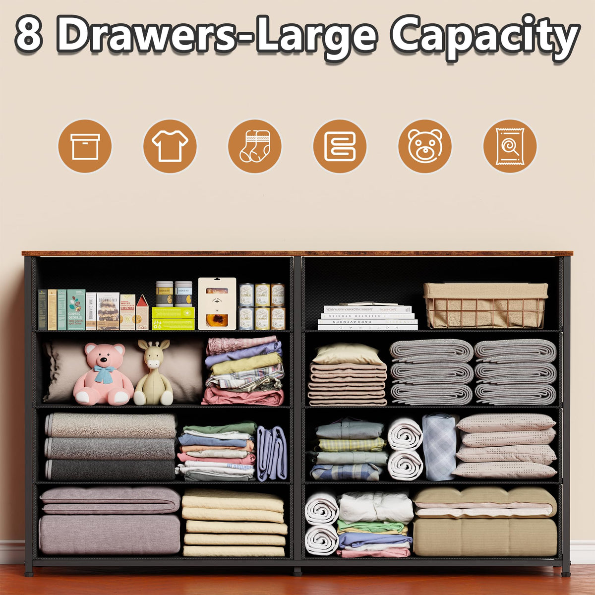 Furnulem Long Dresser for Bedroom, TV Stand for 55'', 8 Drawer Dorm Dresser