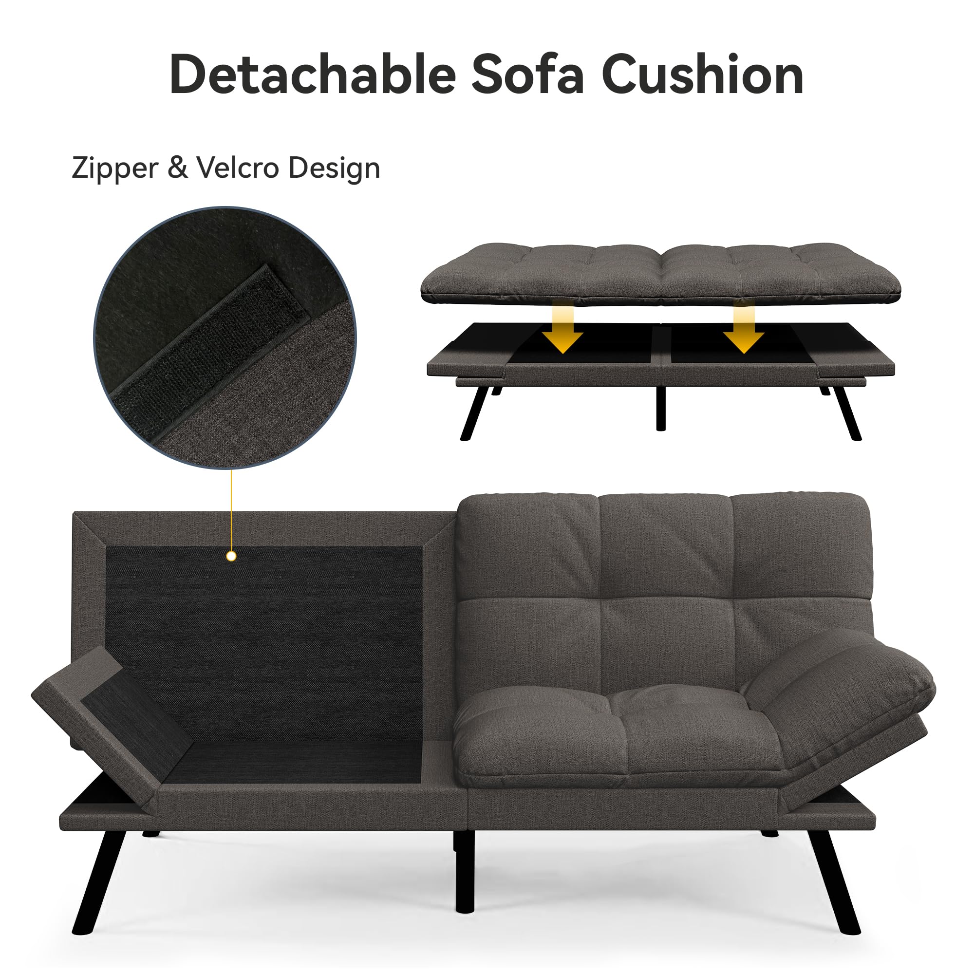 Vipbear Convertible Futon Sofa Bed,Grey Linen Futon Couch with Detachable Cushion,Adjustable Backrest & Armrest,Modern Small Recliner Loveseat Sleeper Couch for Living Room,Office,Apartment