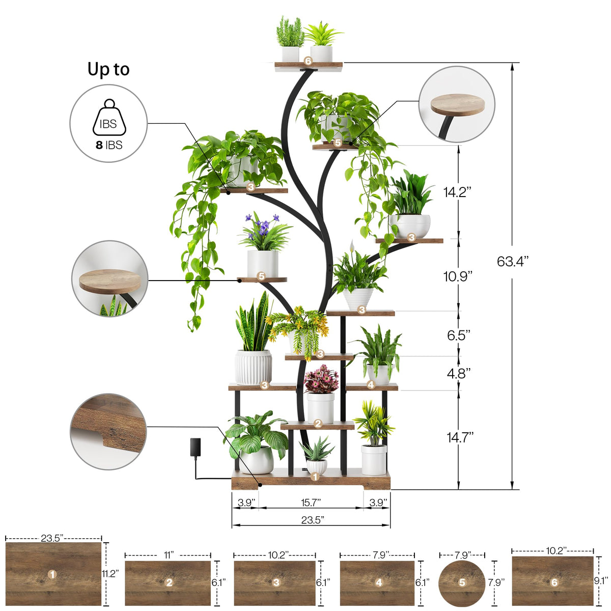 BELLEZE 63 Inch 11-Tier Metal Plant Stand with LED Grow Lights, Tall Indoor Plant Shelf & Corner Flower Display Rack for 15-18 Pots of Large Plants in Living Room, Bedroom, or Balcony (Brown)