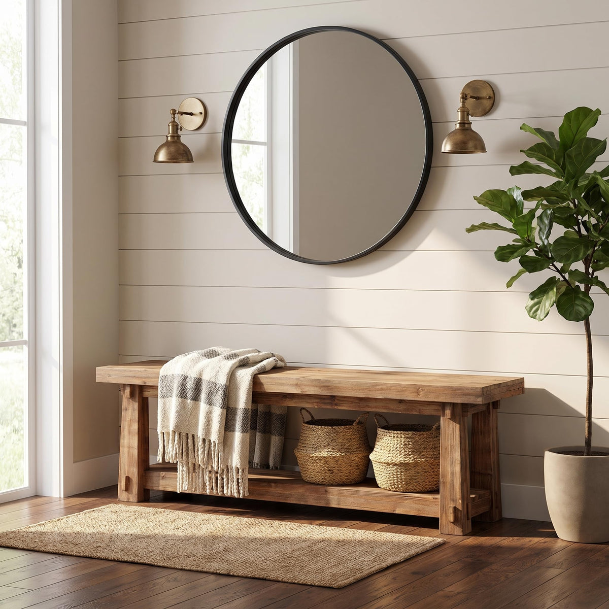 TRIBEWOOD 55" Wood Entryway Bench with Shoe Storage, Rustic Dining Bench