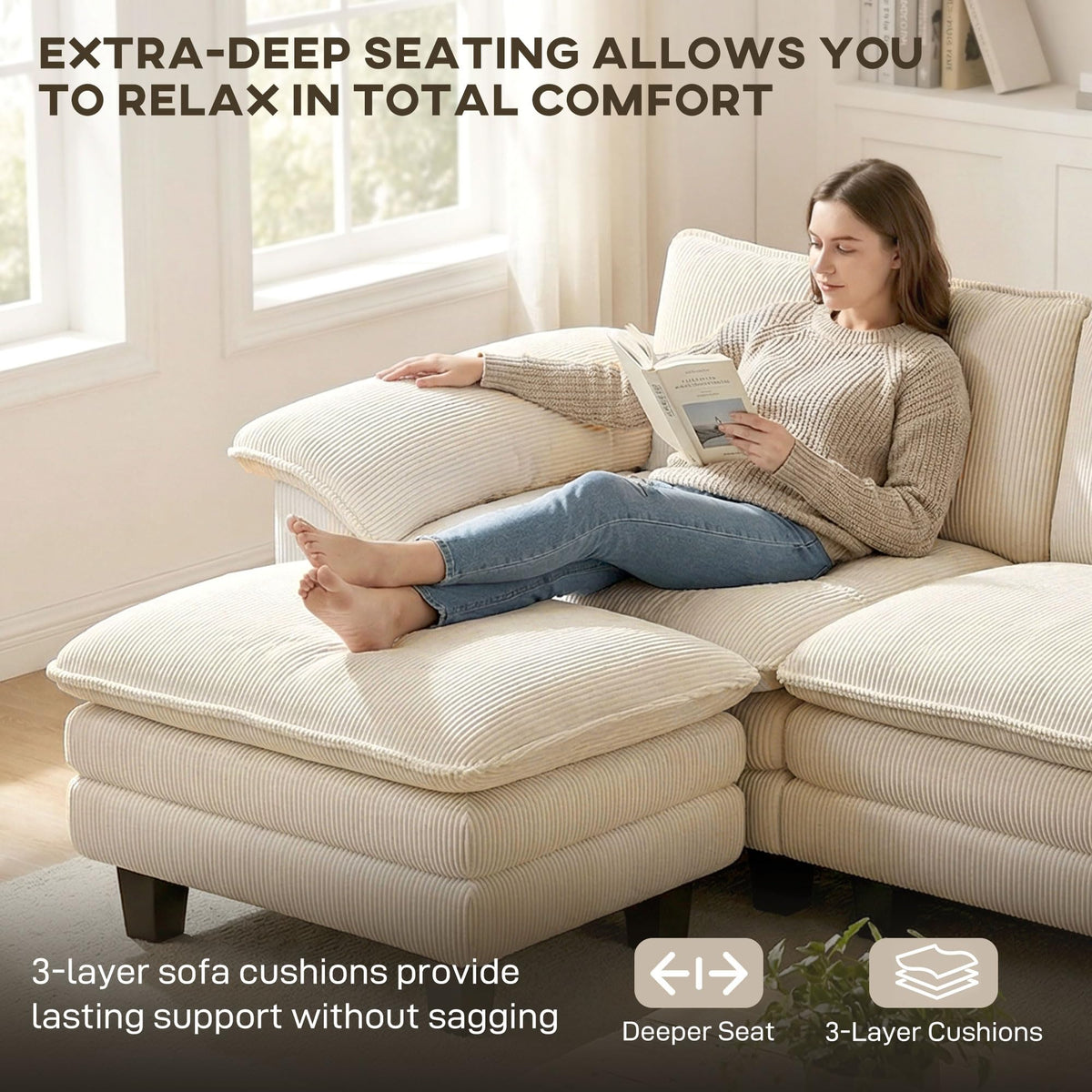 Corduroy Sectional Sofa with Ottoman