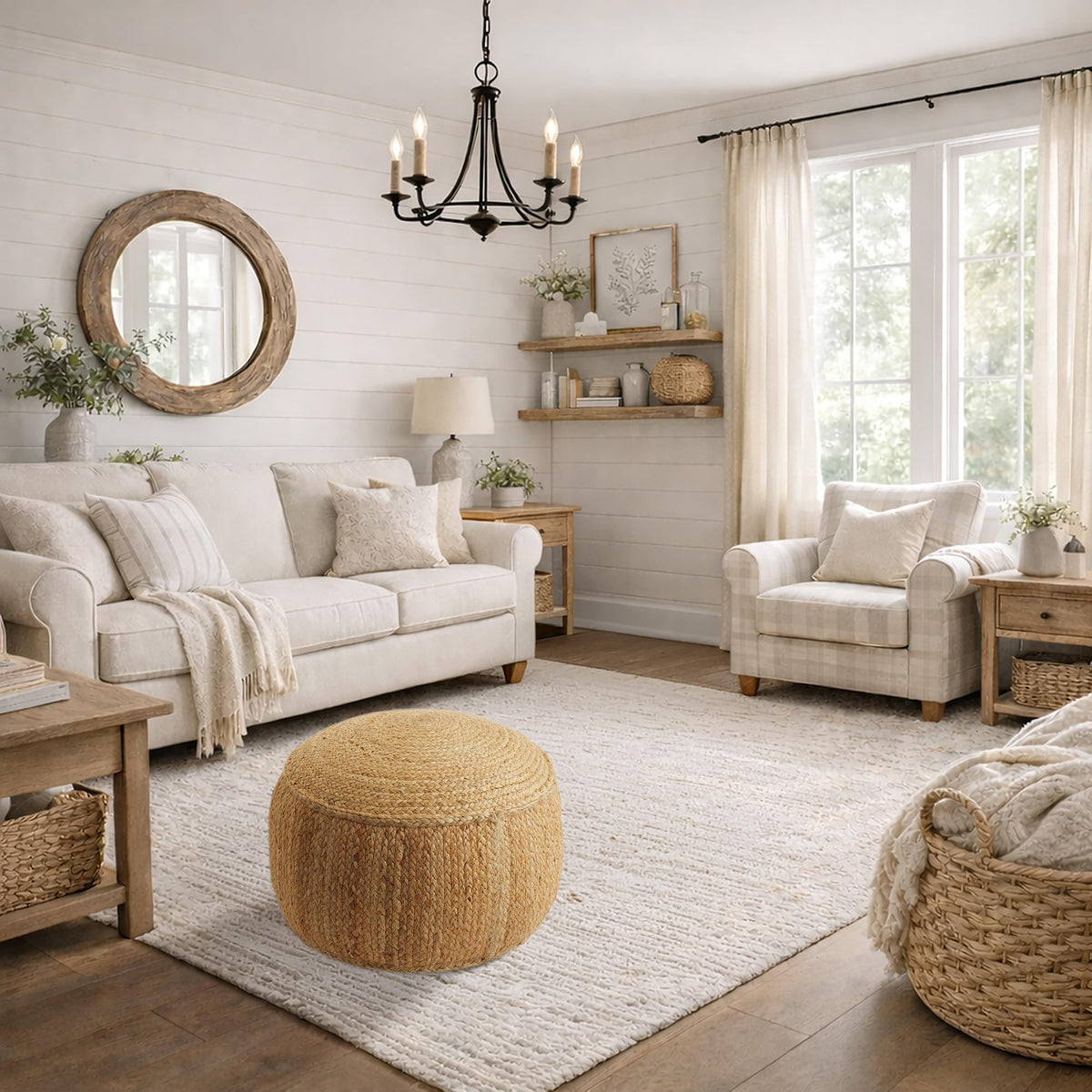 Round Braided Jute Pouf