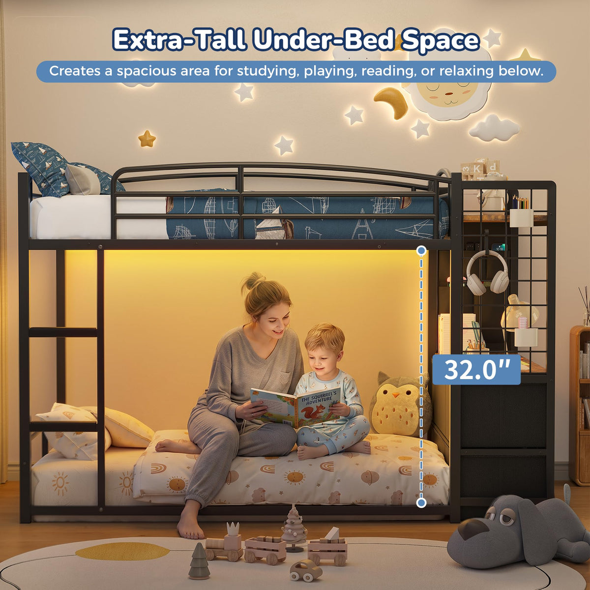Jocoevol Low Bunk Bed Twin Over Twin for Kids with 6 Storage Drawers & Desk