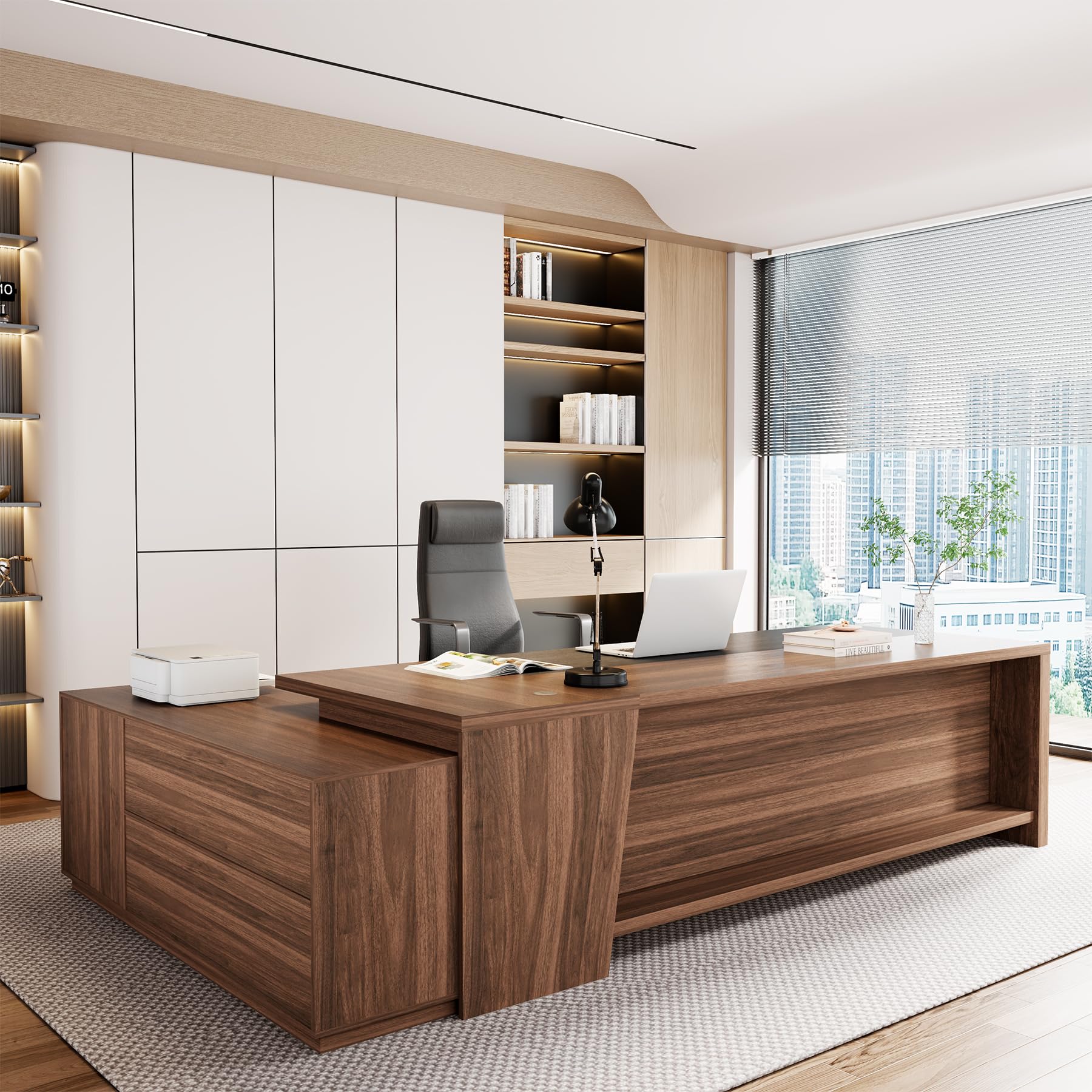 L-Shaped Executive Desk with Drawer & File Cabinet
