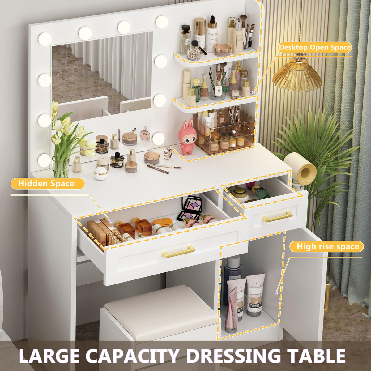 ENDYOE Vanity Desk with Mirror and Lights & Power Outlet