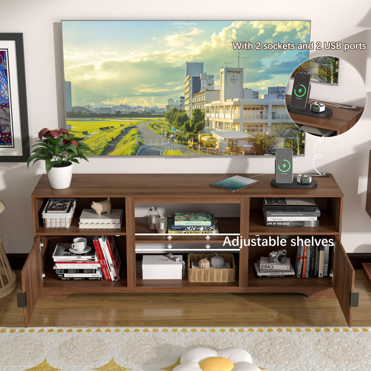 Fluted TV Stand for Tvs up to 80" with Adjustable Shelf Charging Station