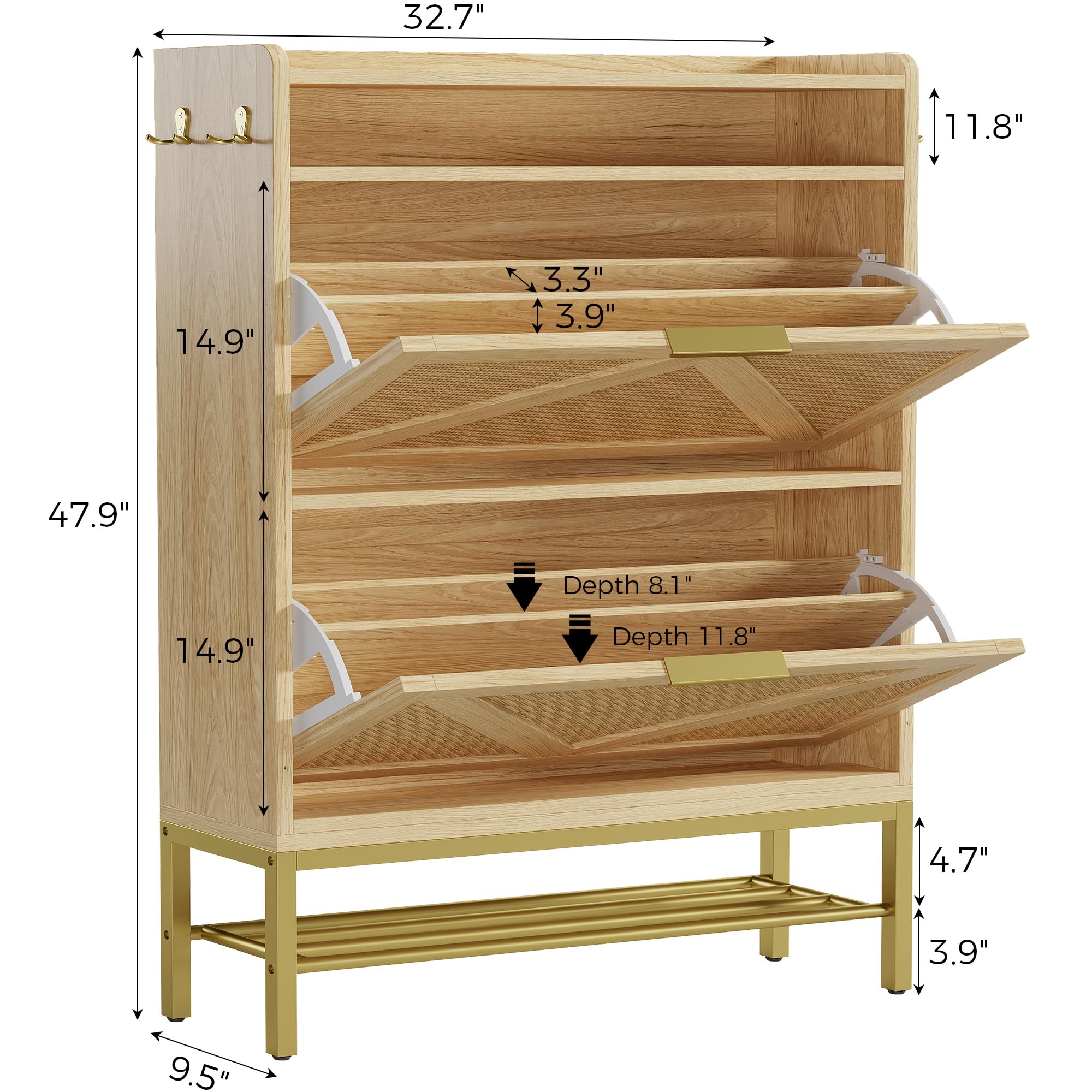 Rattan Shoe Cabinet with Flip Drawers & Side Hooks