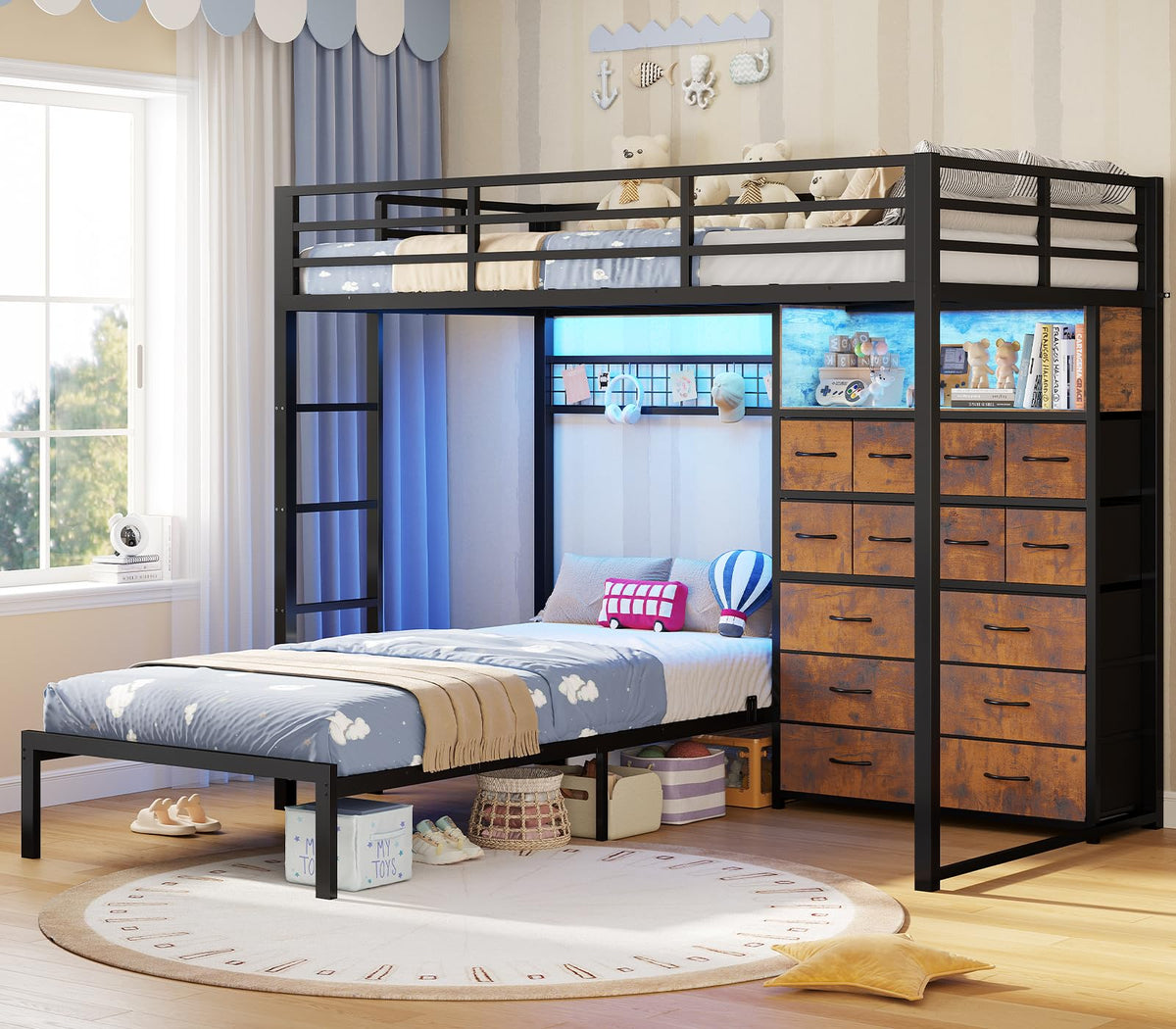BTHFST Bunk Bed Twin Over Twin with 14 Drawers, Bookshelf, Rustic Brown