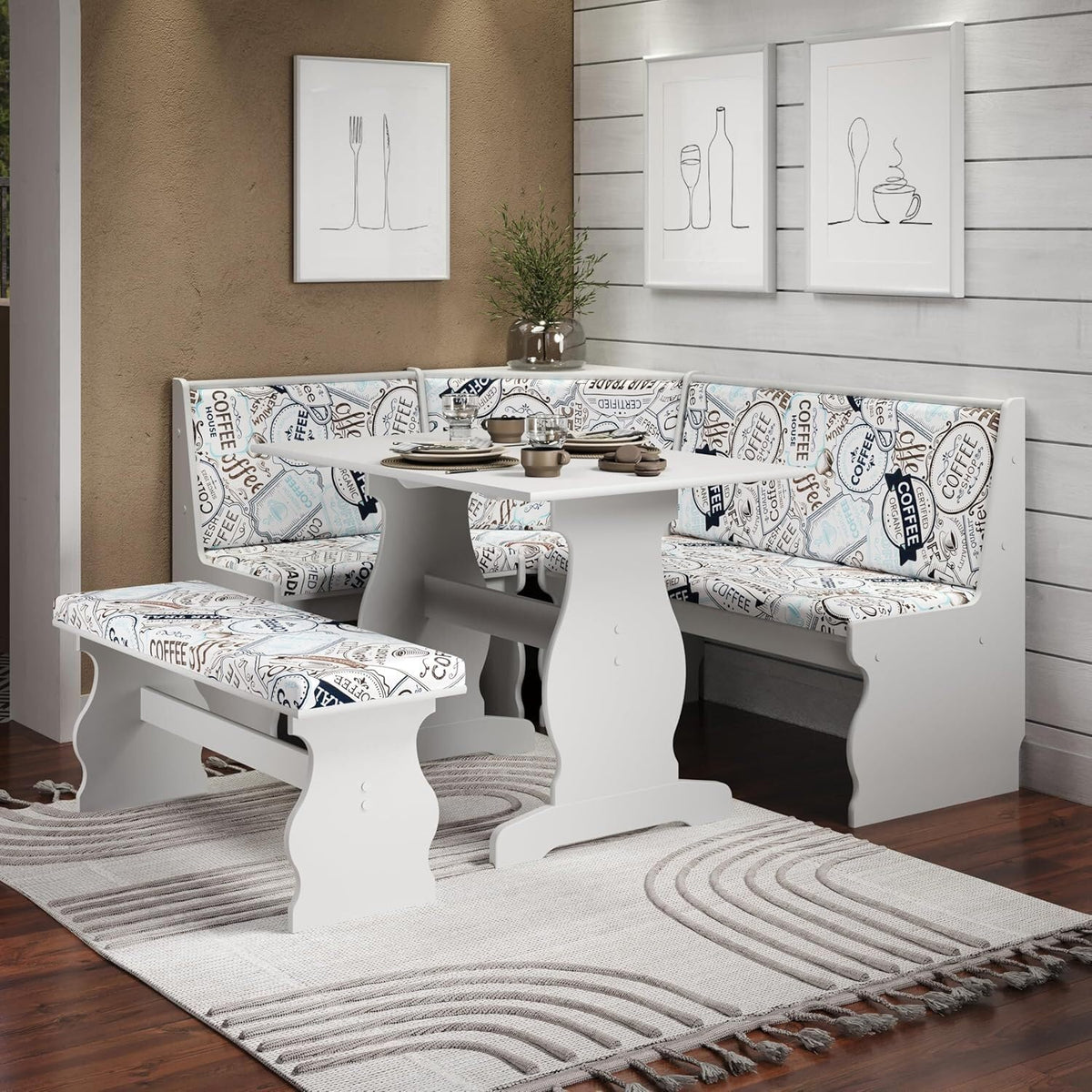 HomeStock Antique Coffee Nook 66.25x50.25x34.5 in - Modern Traditional White Finish Corner Kitchen Nook Table Set with Upholstered Fabric Seats, 48 lbs, Booth Dining Table Set