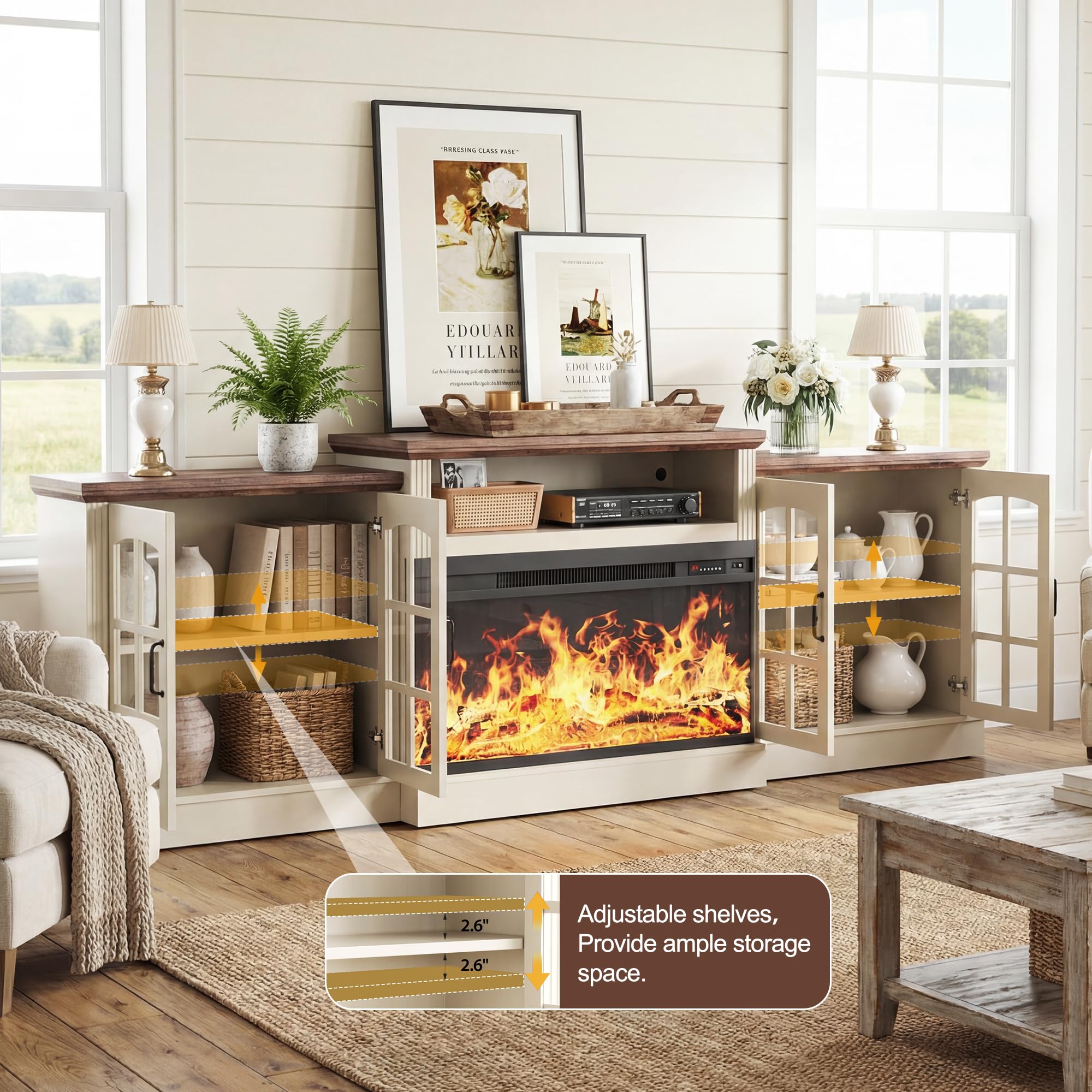 97" Farmhouse Fireplace TV Stand with 36" 3-Sided Electric Fireplace