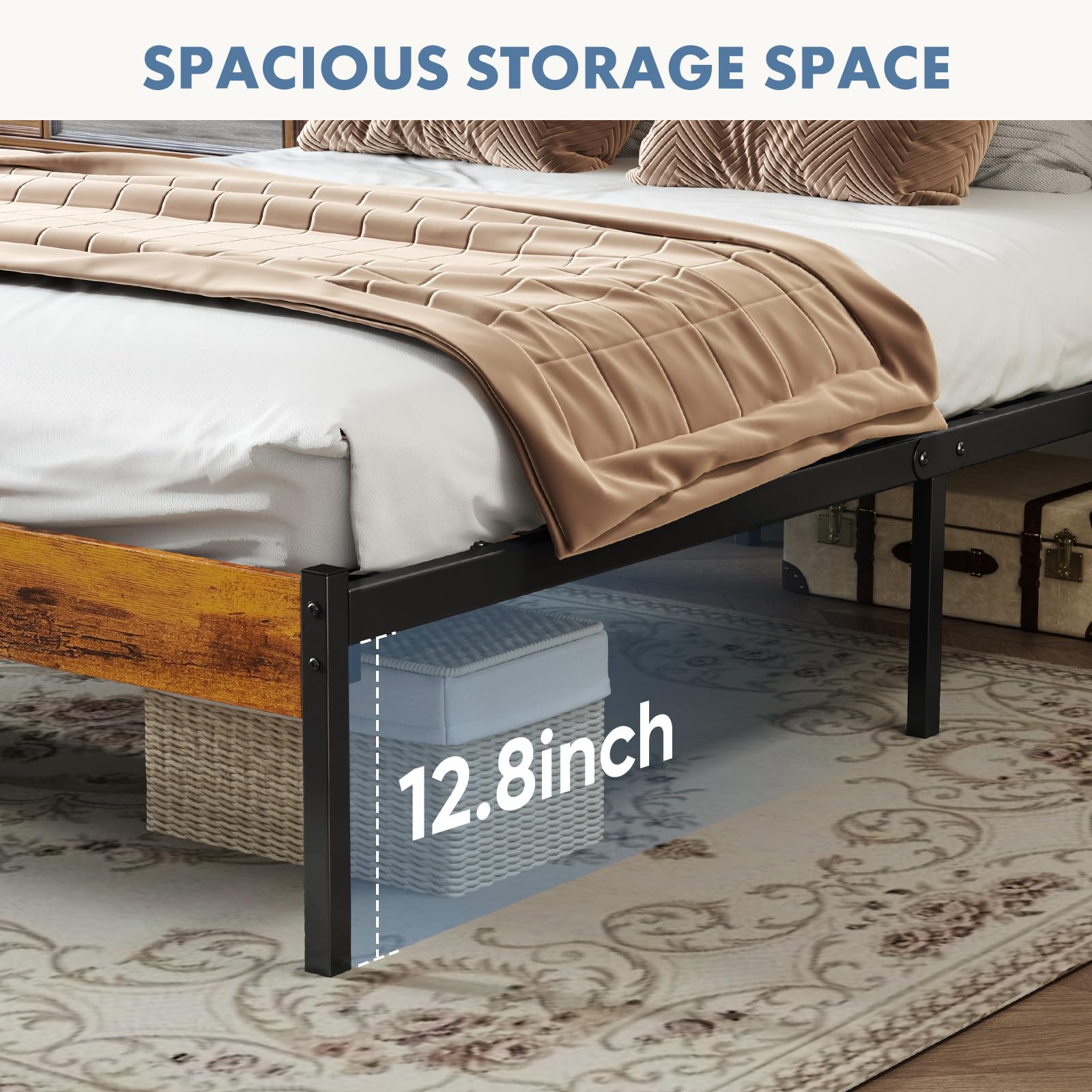 Industrial Metal Bed Frame with Headboard – 800 lb Capacity, Under-Bed Storage