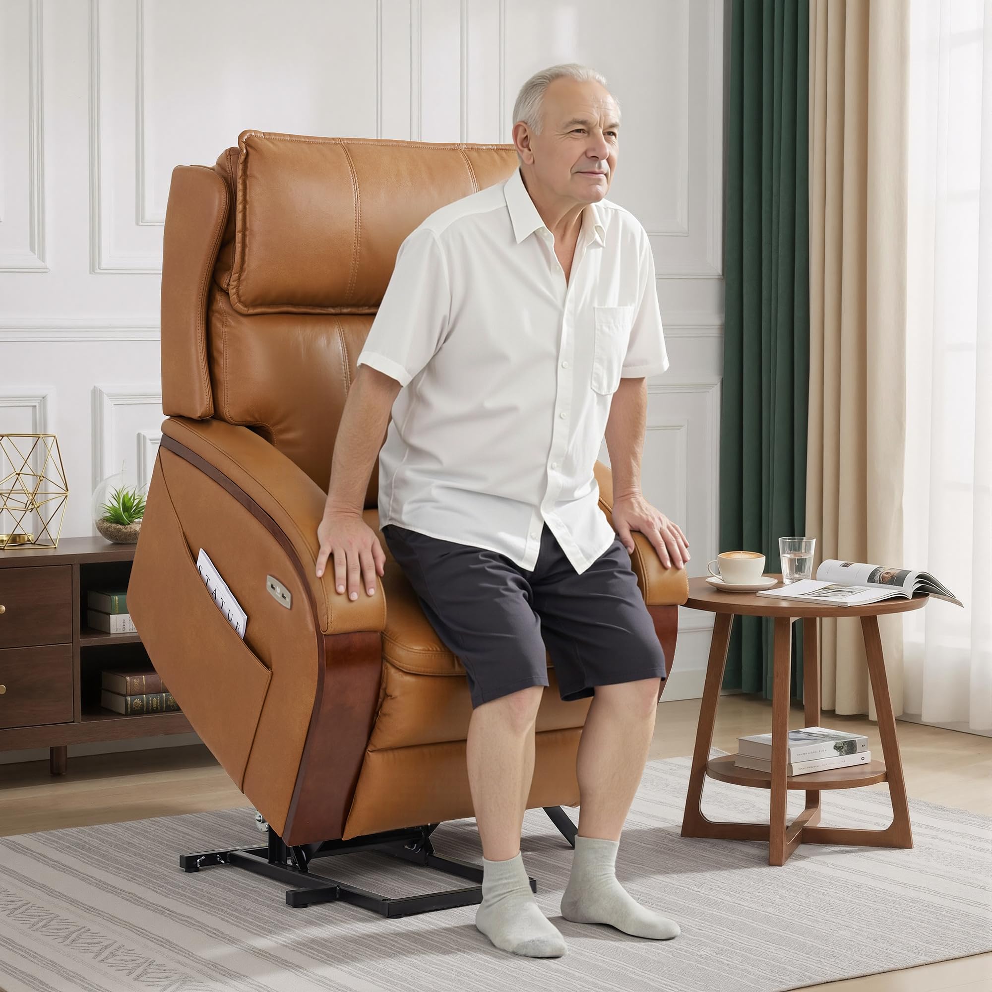 MCombo Power Lift Recliner Chair Sofa with Massage and Heat, Adjustable Headrest for Elderly People, Solid Wood Armrest, USB Ports, Side Pockets, Faux Leather 7917 (Tawny, Medium)