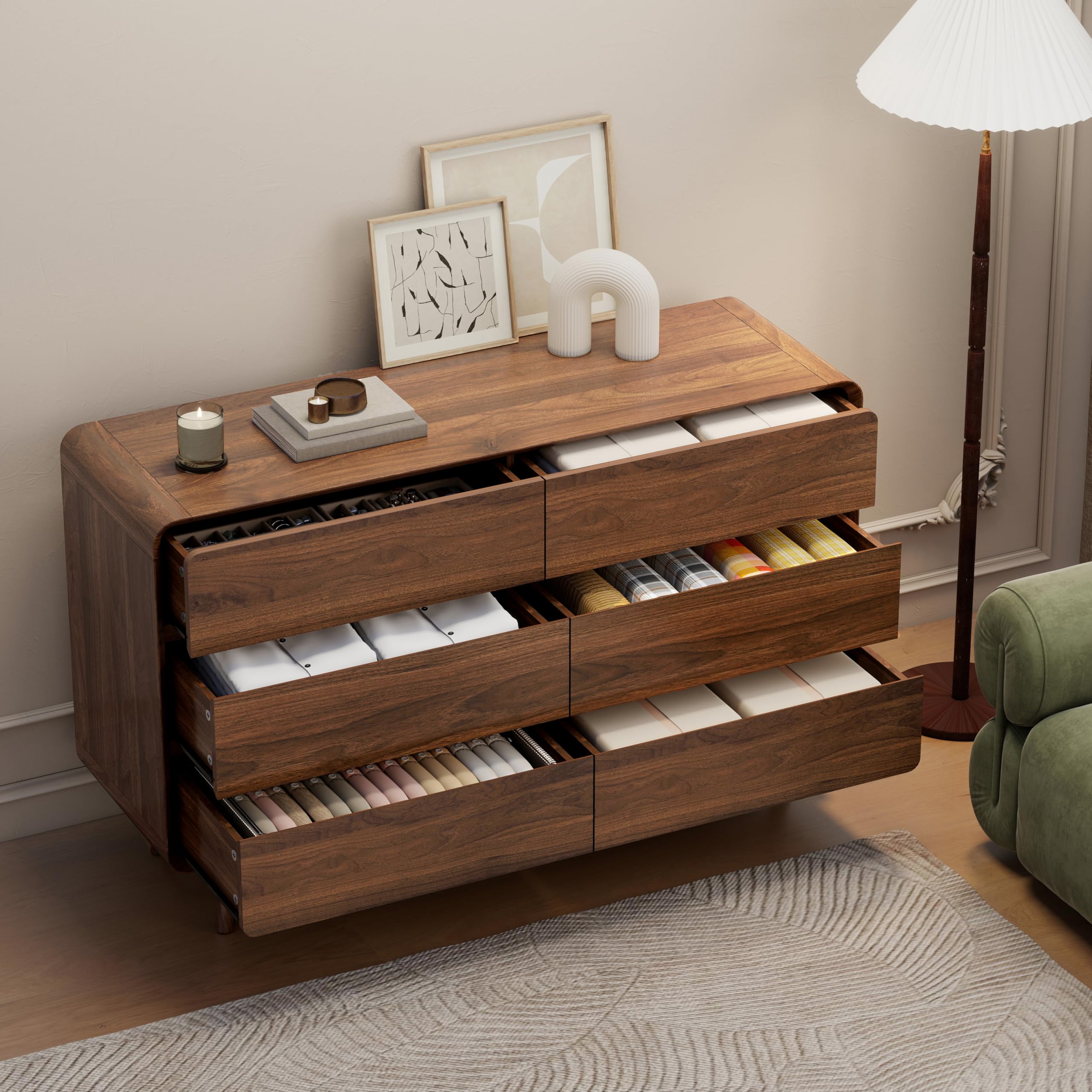 Nasonet Mid Century Modern Dresser for Bedroom, 47'' Wide Dressers & Chests of Drawers with 6 Storage Drawers, Wood TV Stand Dresser for Closet, Walnut