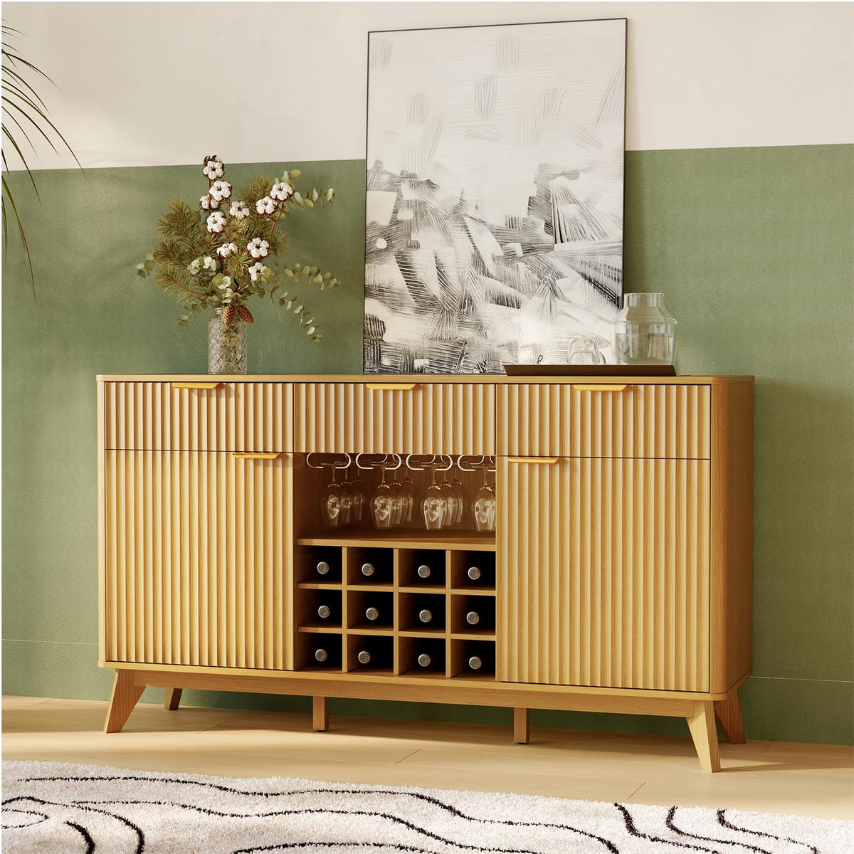 Garvee 60" Wine Bar Cabinet, Modern Liquor Whiskey Coffee Station with Wine Rack and Glass Holder, Bar Hutch Adjustable Shelves, Coffee Bar Cabinet for Living Room, Kitchen, Entryway, Home