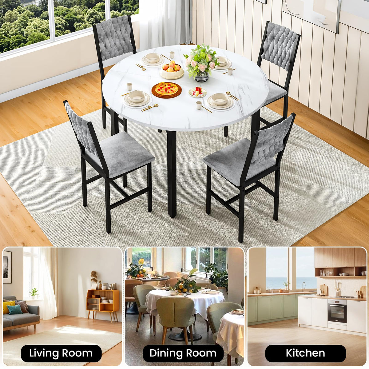 AWQM Round Dining Table Set for 4, Velvet Chair, Kitchen Table Set, White