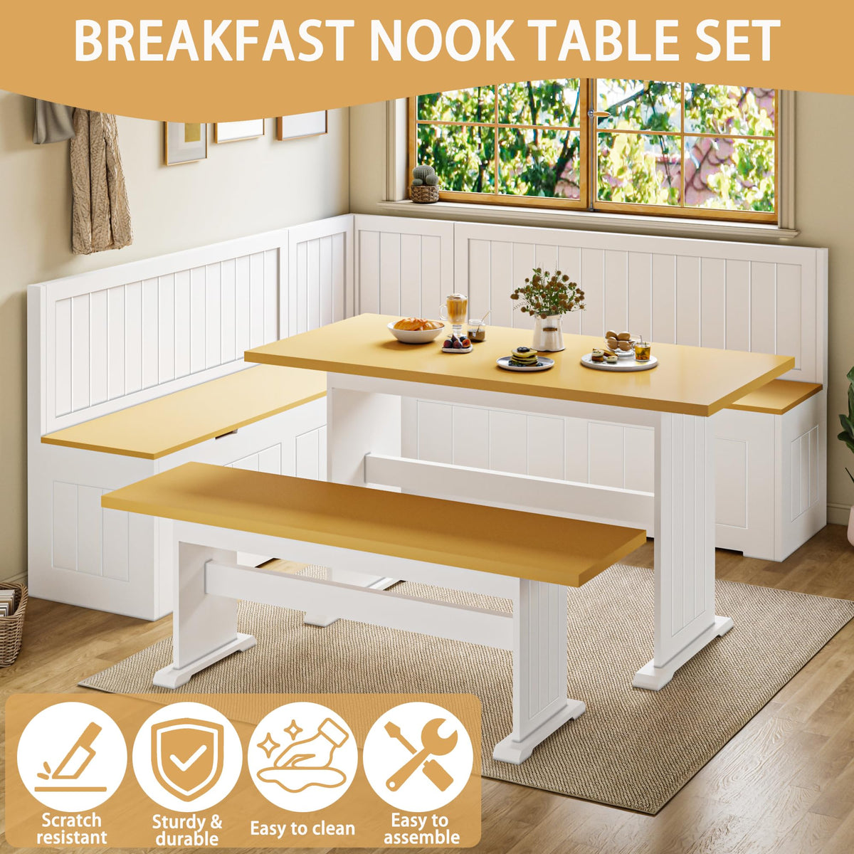 Corner Breakfast Nook Table Set with Cushion, Corner Dining Table Bench Set