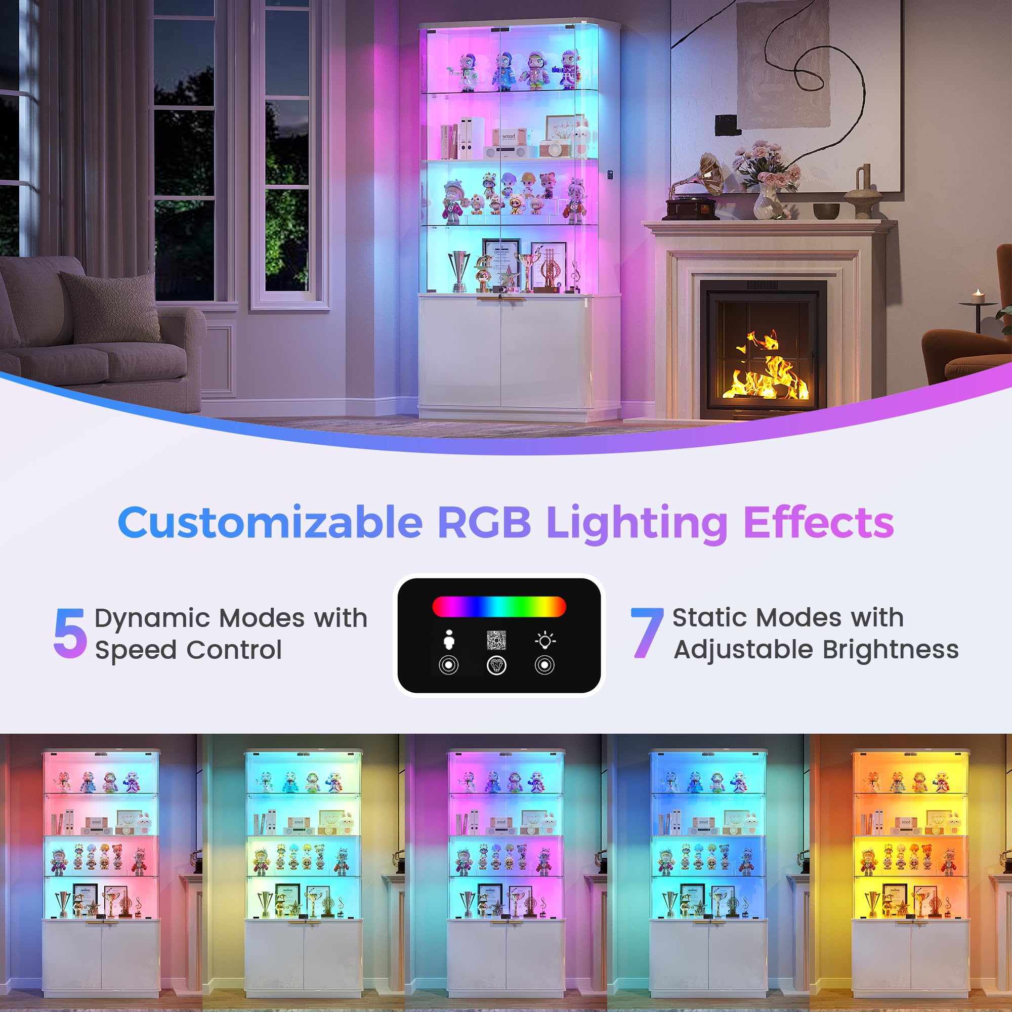 71" Tall RGB LED Display Cabinet with Glass Doors