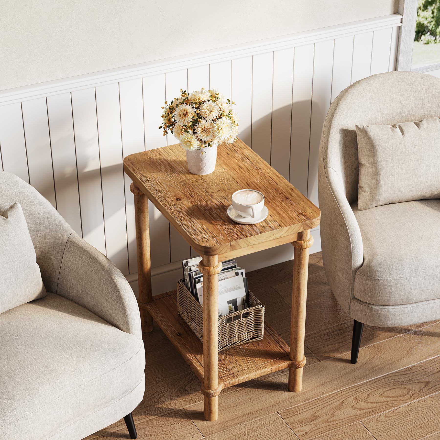 LITTLE TREE 2-Tier Side Table, Rectangular End Table with Storage Shelves & Round Tabletop Edges, Solid Wood Nightstand for Small Spaces, Living Room, Bedroom, Easy Assembly, Light Brown