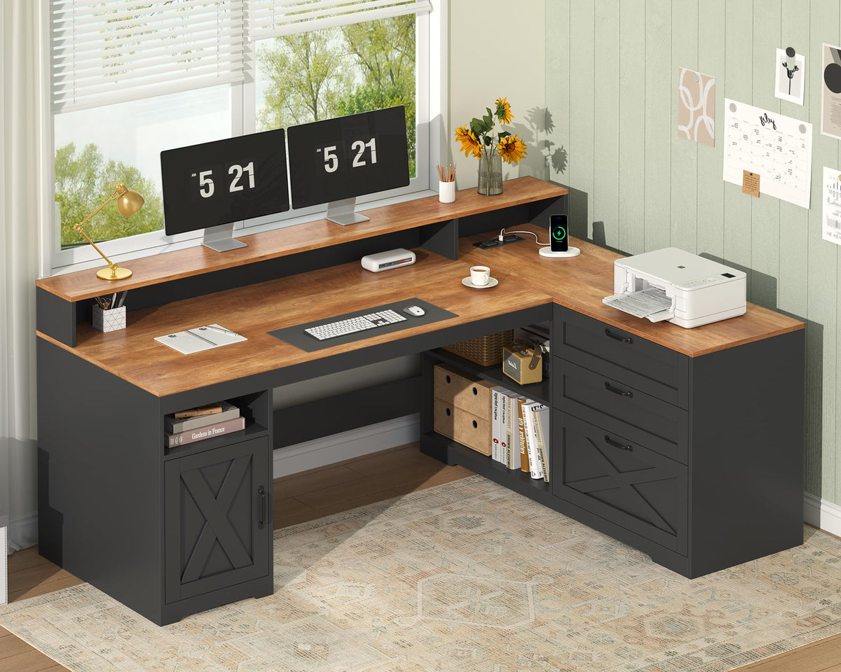 61" Farmhouse L Shaped Desk with Drawers ＆ Storage Shelves for Home Office