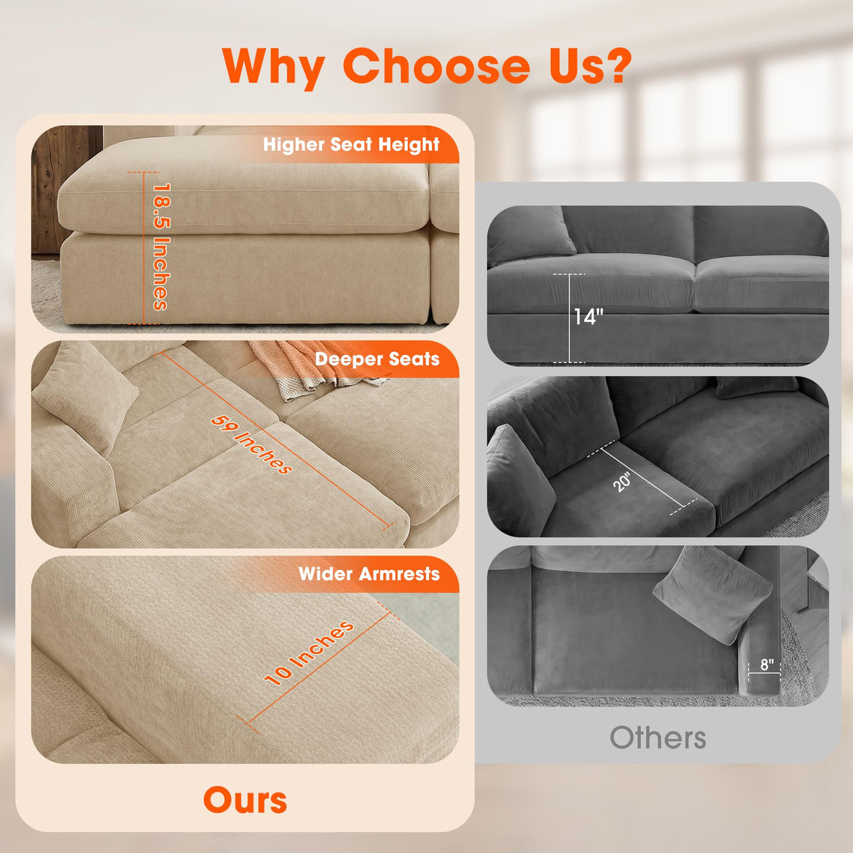Mifnas 81" Oversized Double Chaise Lounge, Cloud Boneless Sofa Bed, Khaki