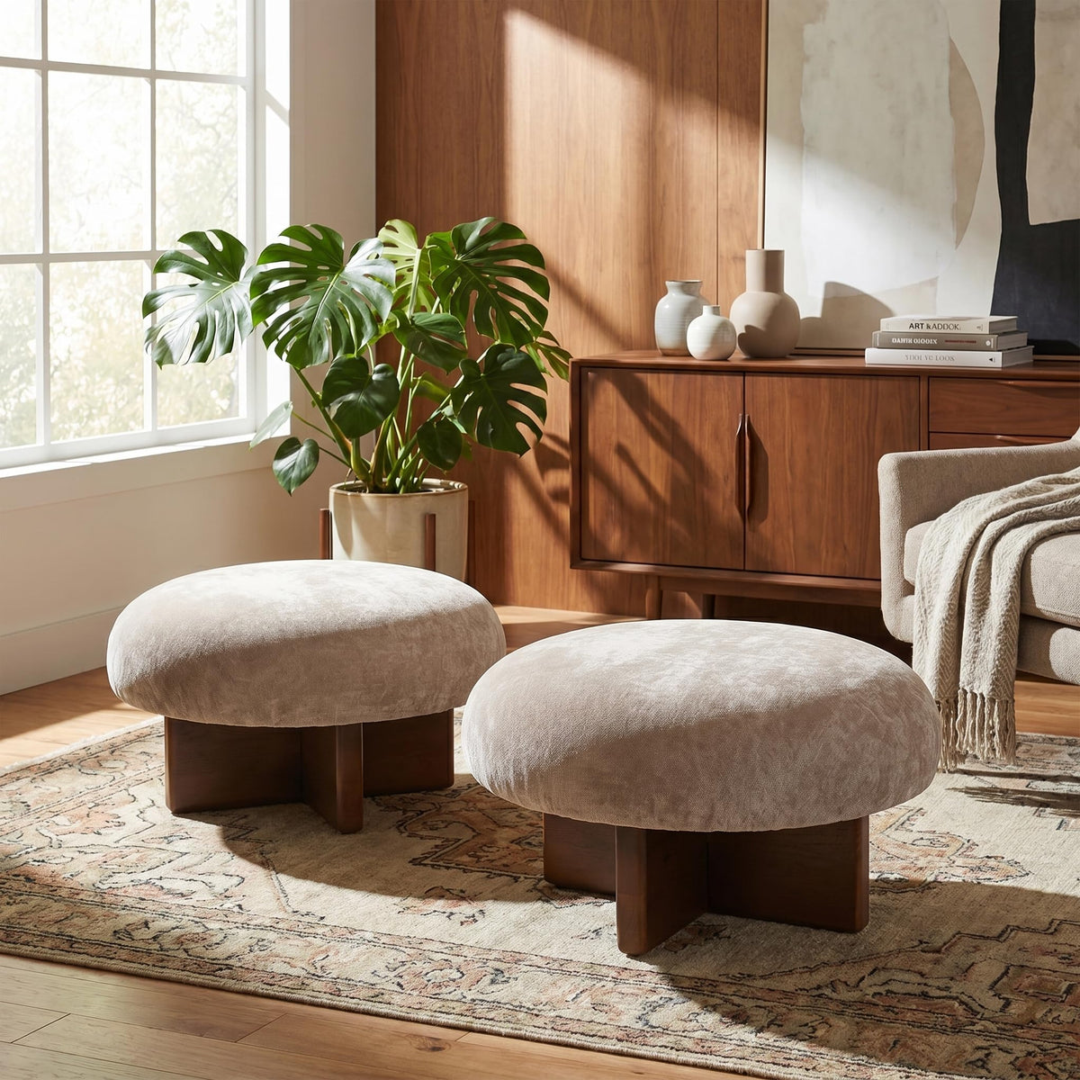 Round Chenille Ottomans, Set of 2