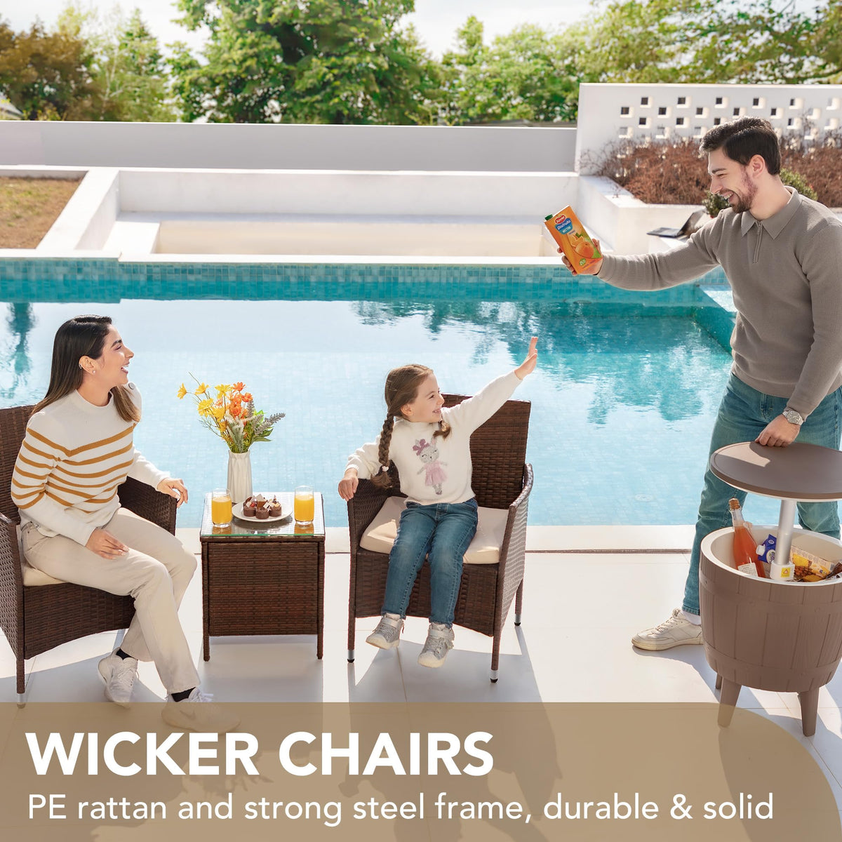3 Piece Wicker Patio Conversation Set, Brown/Beige