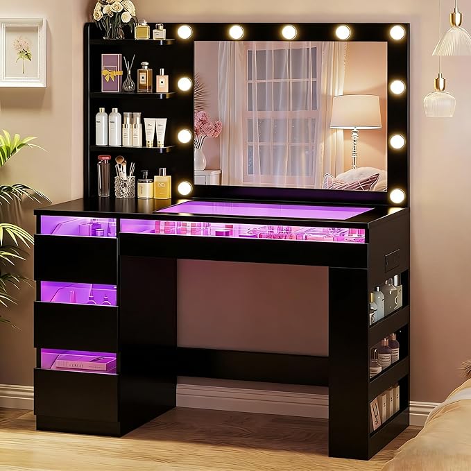 Vanity Desk with Lighted Mirror & LED Drawers