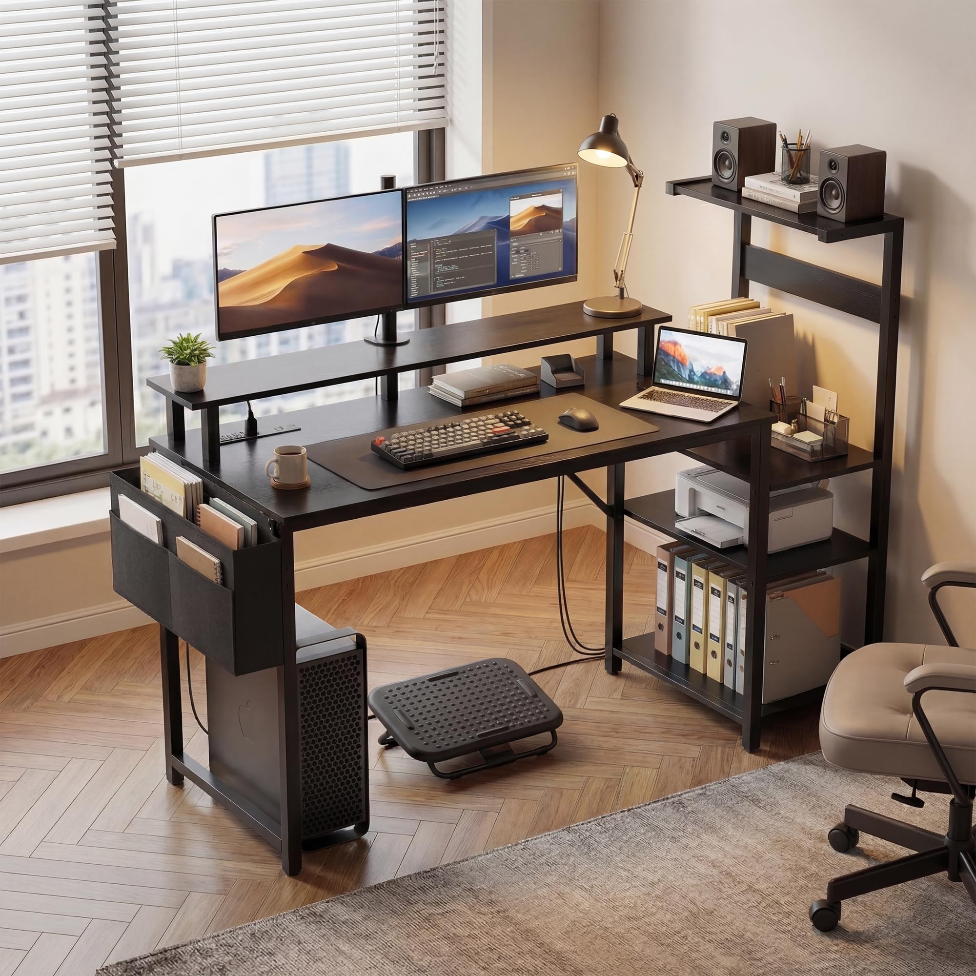 Gaming Desk with Monitor Stand & Storage Shelves