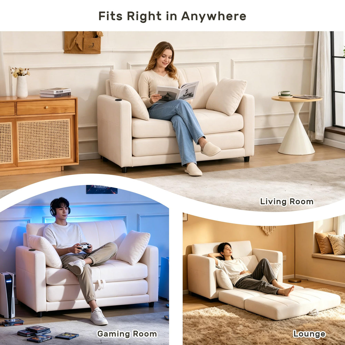 GIFTFIT 52" Convertible Loveseat Sofa Bed, 2 in 1 Sleeper Couch, Side Pockets, Space-Saving, Folding Sofa Bed with USB Port for Small Spaces, Living Room, Apartment （Beige）