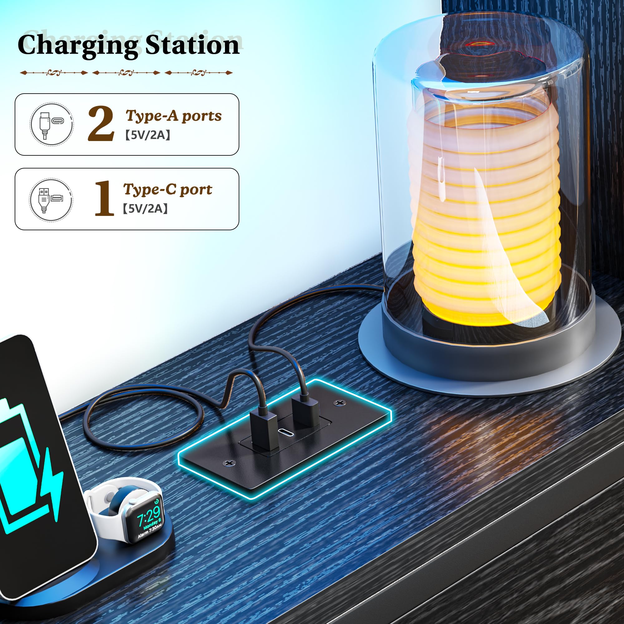 Bed Frame with Storage, LED Lights & Charging Station