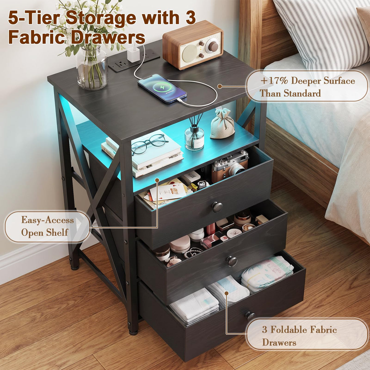 LED Nightstands with Charging Station, Set of 2