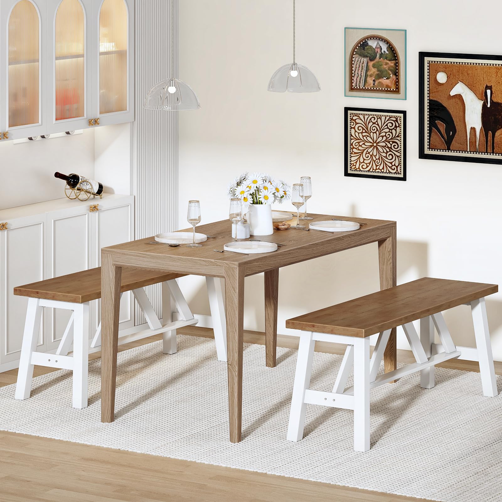 Bamboo Dining Bench 39.4" | Farmhouse Style | Walnut & White