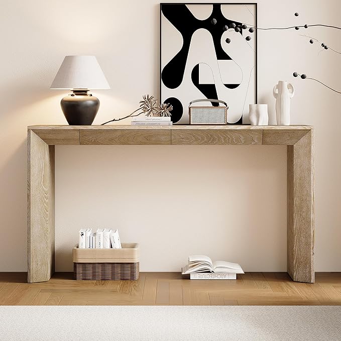 Farmhouse Console Table with 2 Drawers, Waterfall Edge Entryway Table