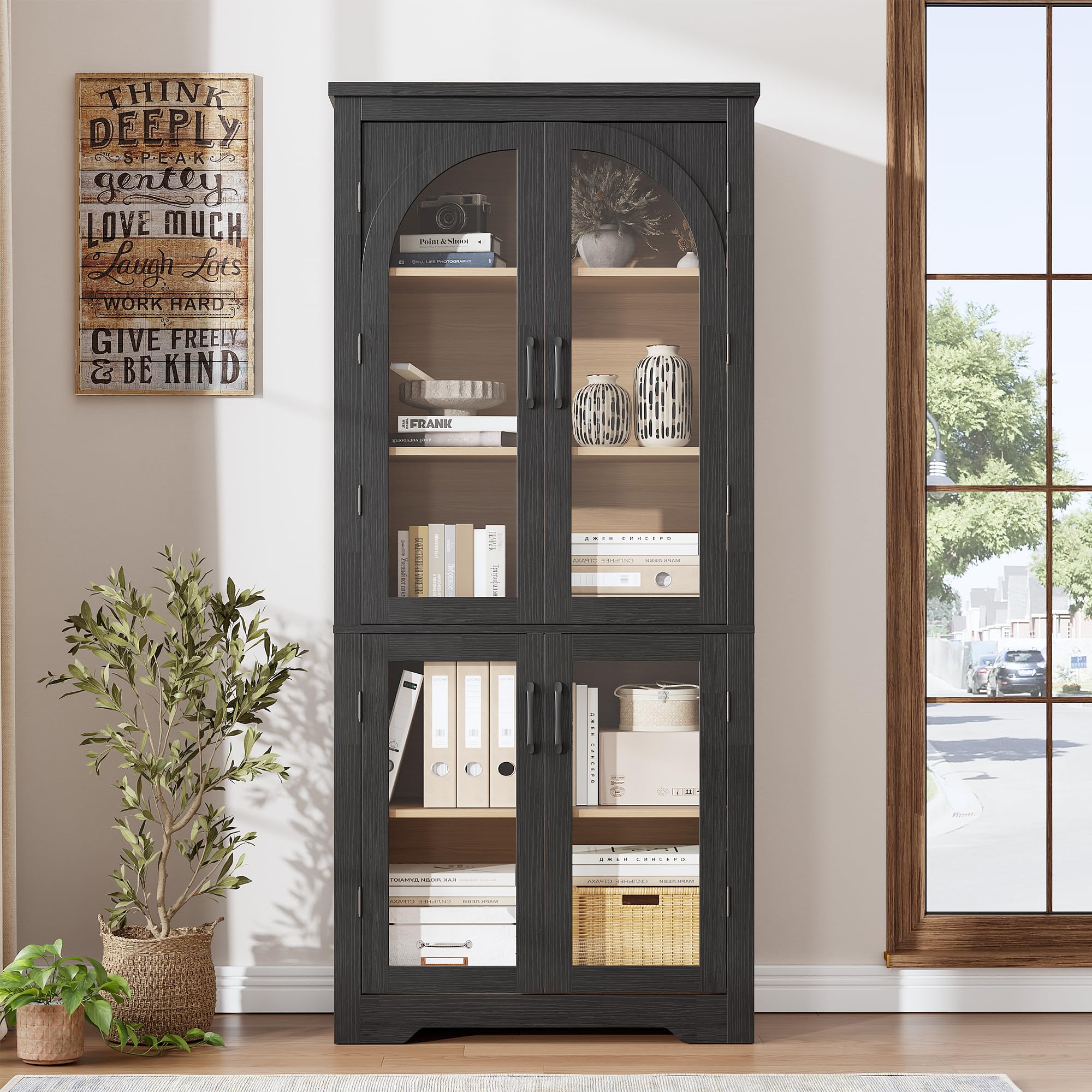 Garvee 70" Tall Kitchen Pantry Cabinet - Modern Display Cabinet with 4 Arched Glass Doors and Adjustable Shelves, Versatile Cupboard Organizers for Kitchen, Dining Room, Living Room, Bathroom, Black