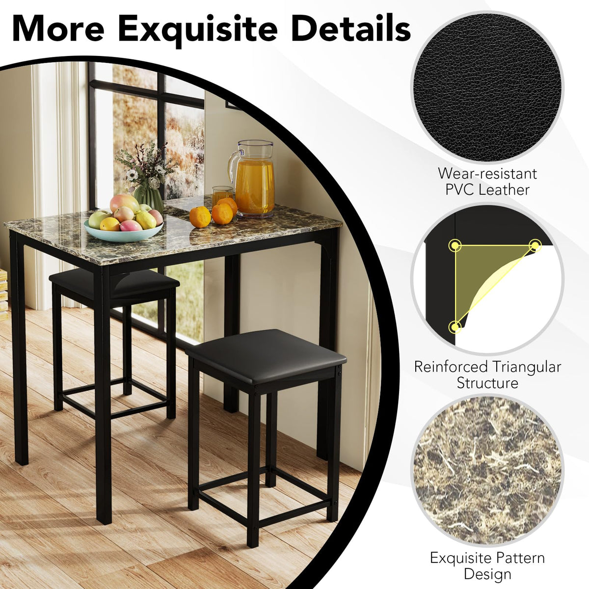 GIANTEX Dining Table Set for 2, Counter Height Bar Table with Faux Marble Pattern Tabletop, 2 Padded Bar Stools, Footrests, Metal Frame, Dinette Set for Kitchen Small Space Breakfast Nook Pub, Brown