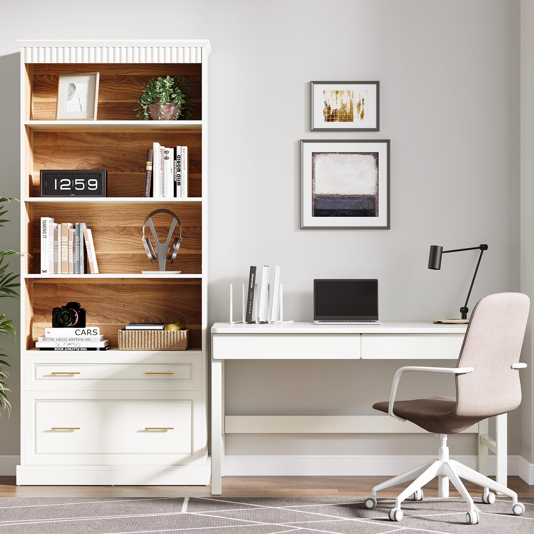 Tribesigns 5-Shelf Bookcase with File Cabinet Drawer, 72" Tall Bookshelf, Modern Free-Standing Wood Bookcase, Large Open Display Storage Book Shelf for Living Room (1, White)