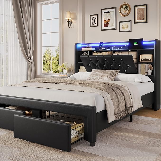Upholstered Platform Bed with LED Headboard & Storage Drawers