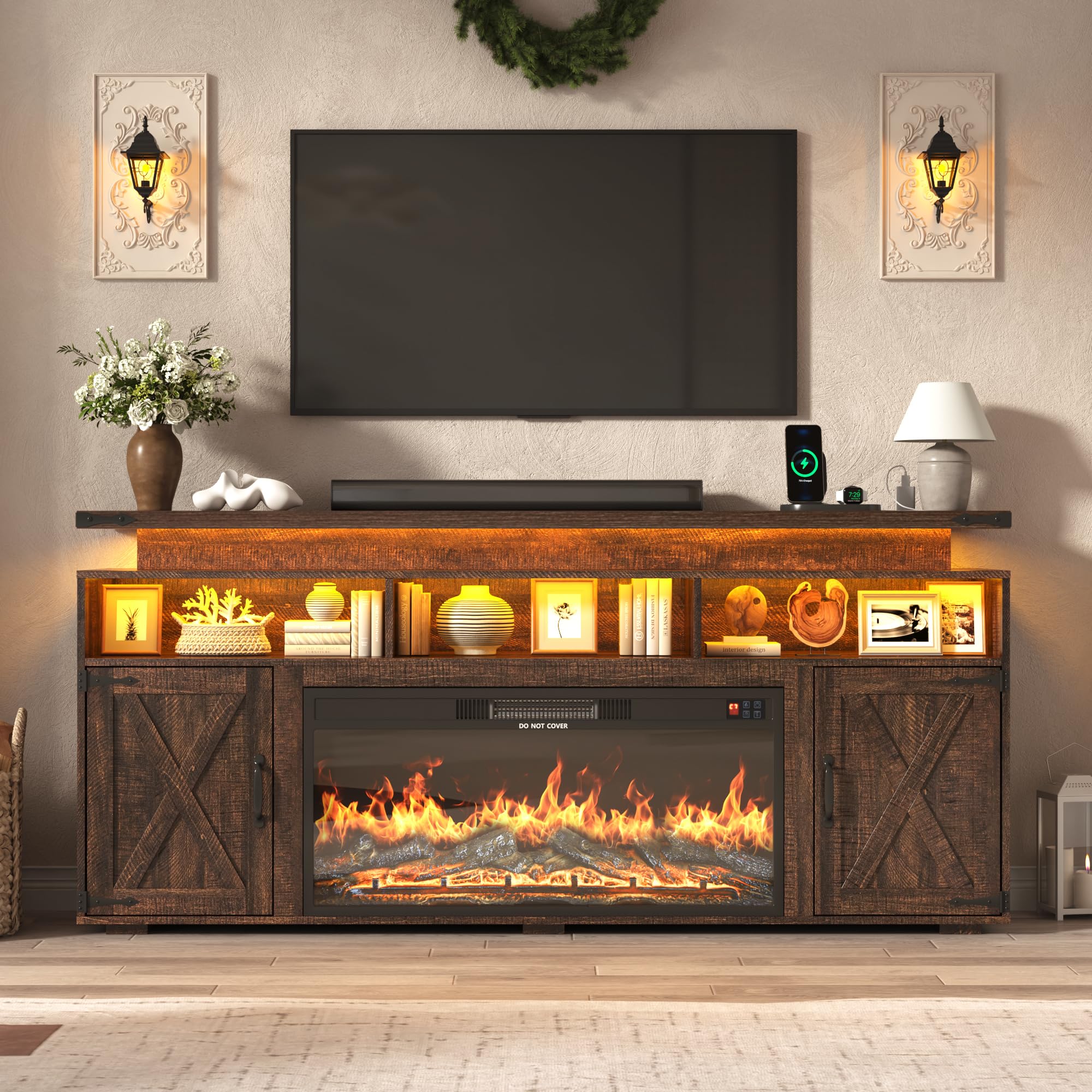 70" Fireplace TV Stand with Electric Fireplace & Storage