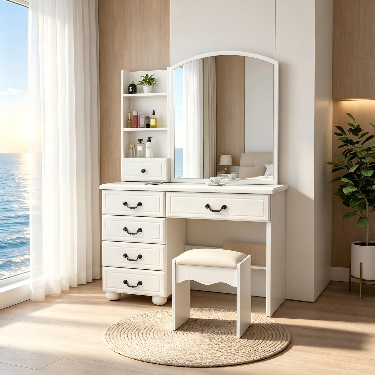 PVWIIK Vanity Desk with LED Lighted Mirror, 3 Dimmable Light Modes, Makeup Vanity Set with Chair, 6 Drawers & Open Storage Shelves, White Dressing Table for Bedroom