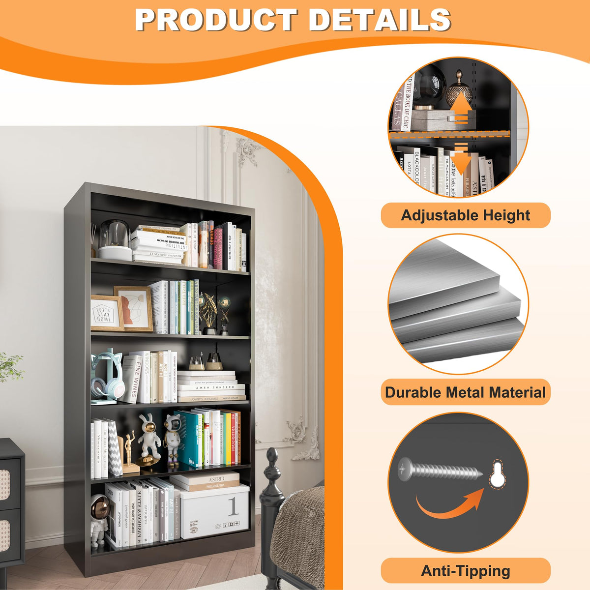VASAAOSD 66" Tall Metal Bookcase, 5 Shelf Black Bookcase with Adjustable Shelves, Large Bookshelves and Bookcases, Modern Book Shelf Storage Organizer for Living Room, Home Office, Library (Black)