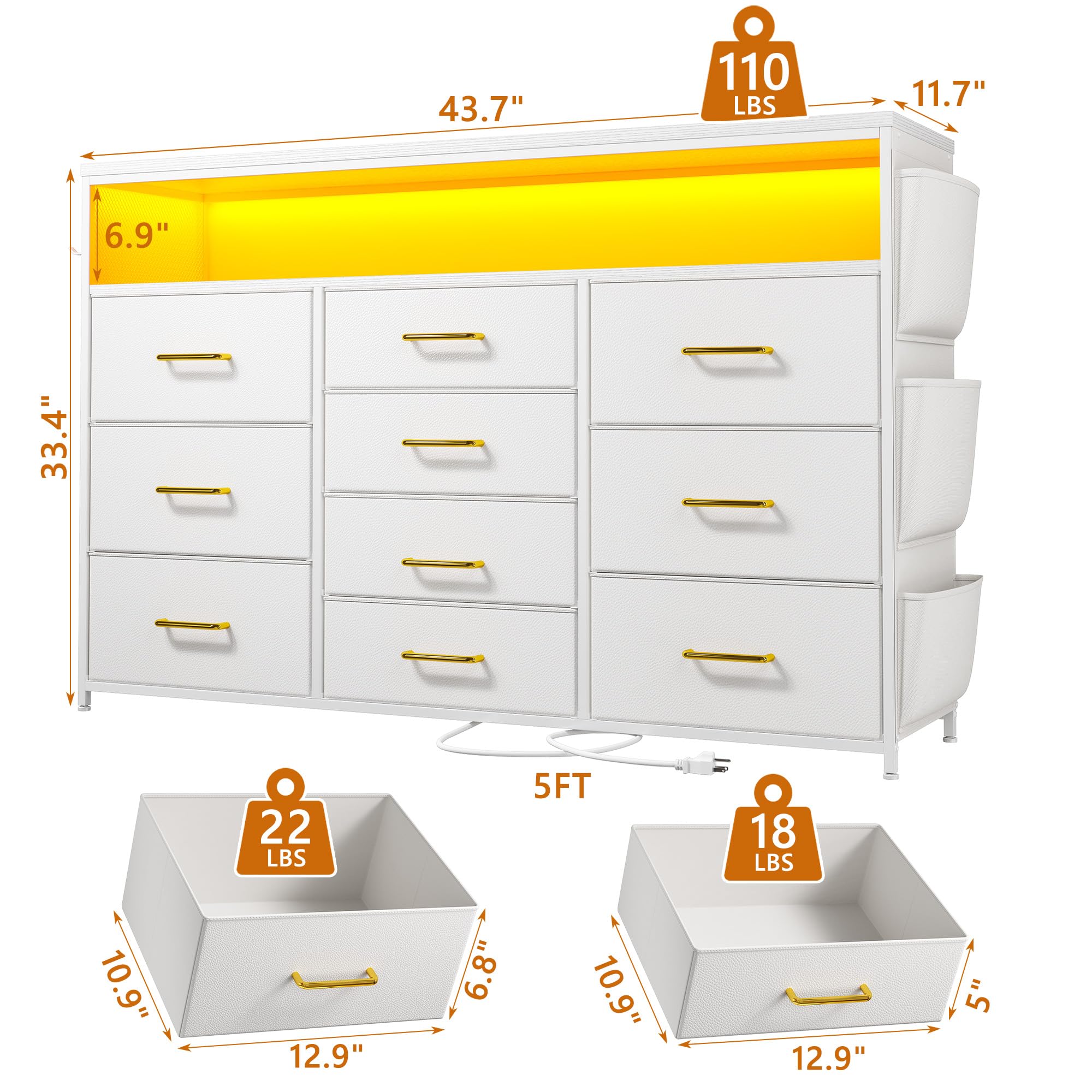 EnHomee 10 Drawer Dresser for Bedroom with Wood Open Shelves, 55" TV Stand for Bedroom with Power Outlets and LED Lights, Fabric Dressers & Chest of Drawers with Side Pocket, White