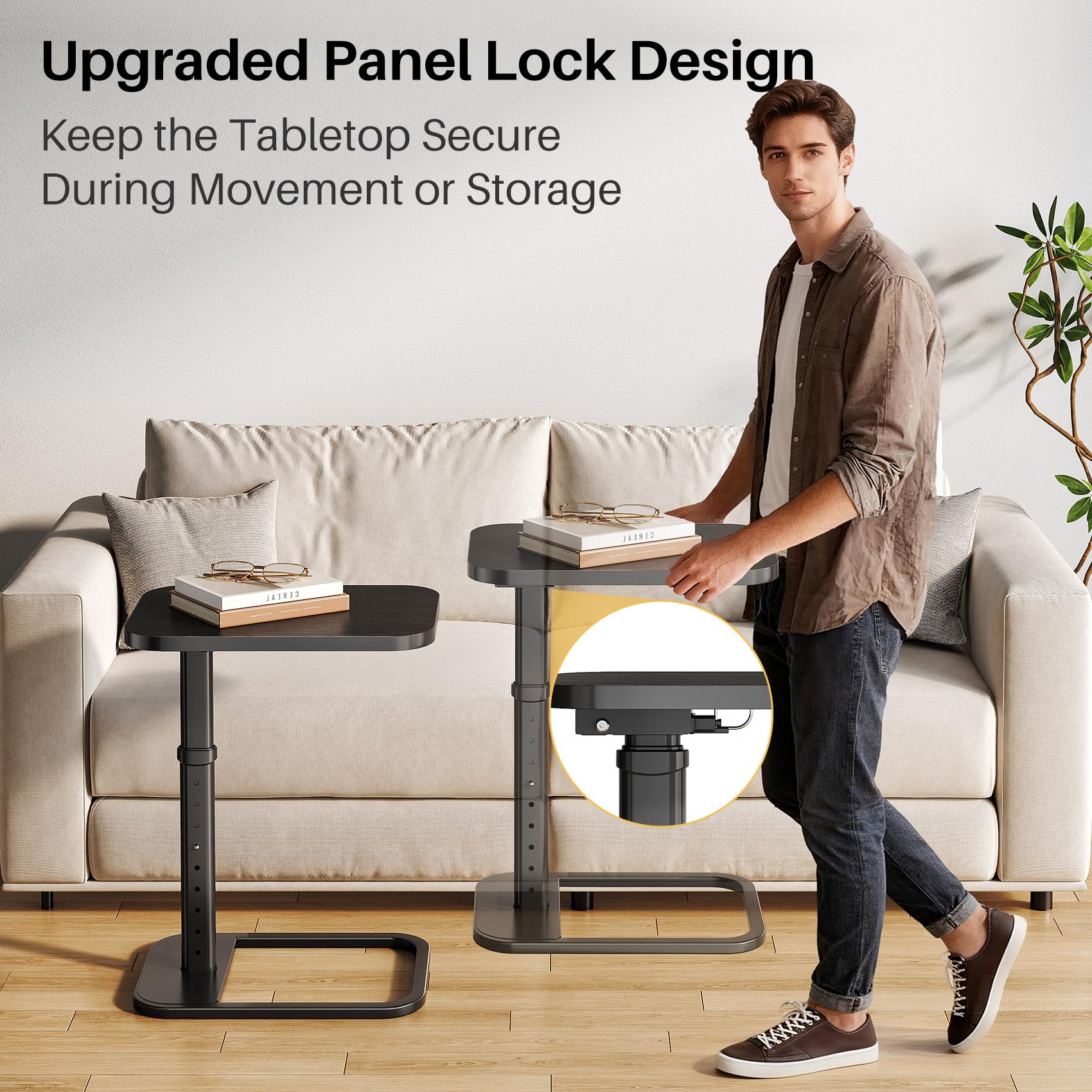 Branwick Adjustable Height TV Tray Table for Couch Eating & Small Spaces, Flip-Top Sofa Side Table with Safe Rounded Corners for Living Room, Bedroom & Apartment, Portable Laptop Snack Table, Black